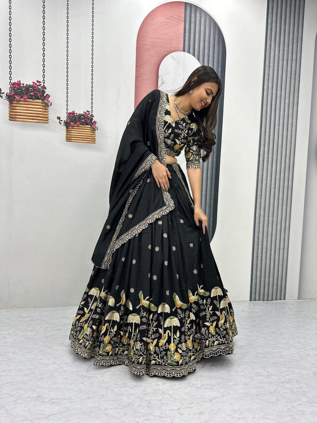 Vaidehi black vichitra silk embroidery work lehenga choli set