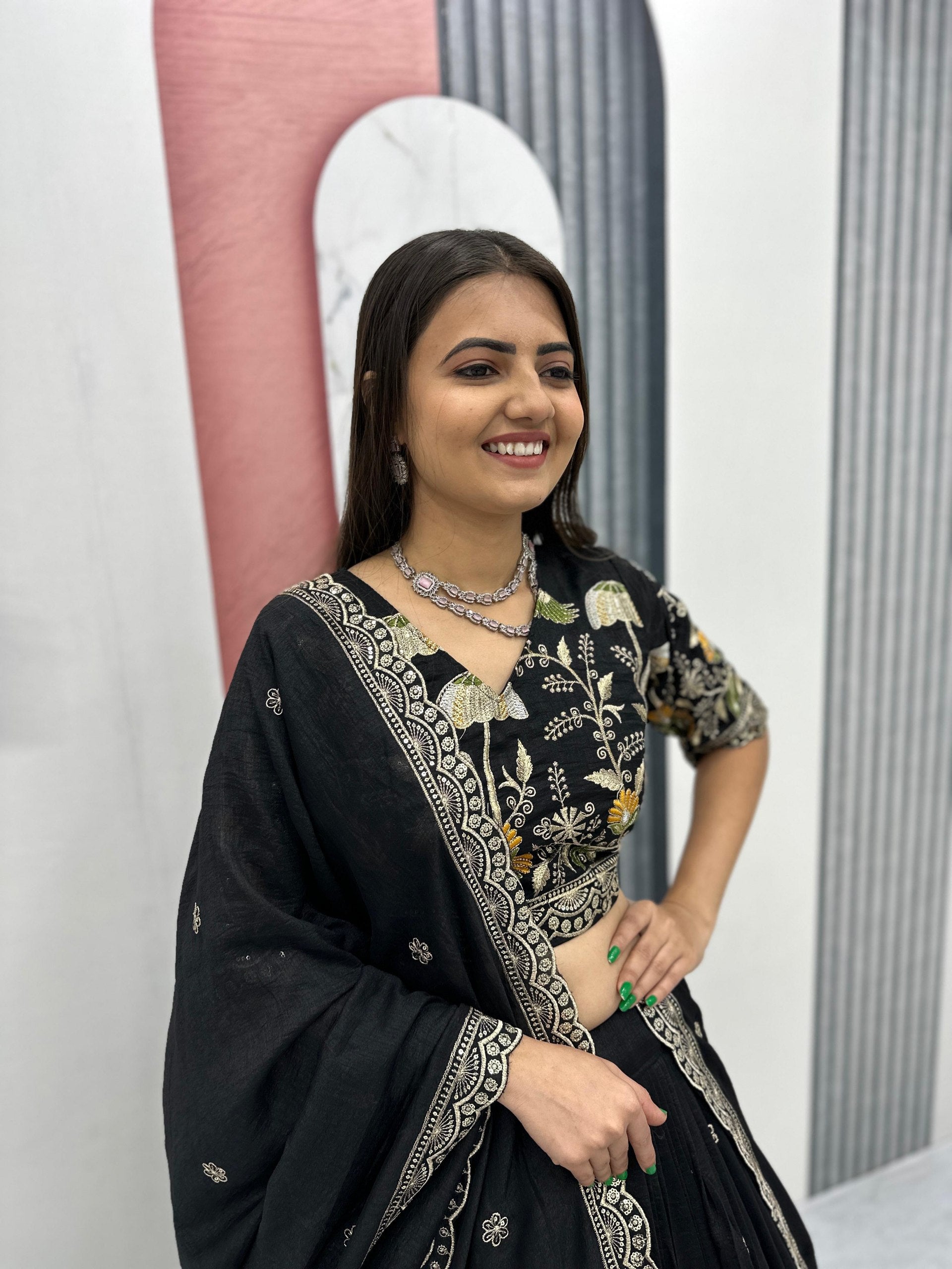 Vaidehi black vichitra silk embroidery work lehenga choli set