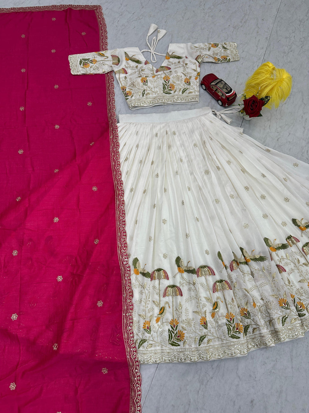 Vaidehi white vichitra silk embroidery work lehenga choli set