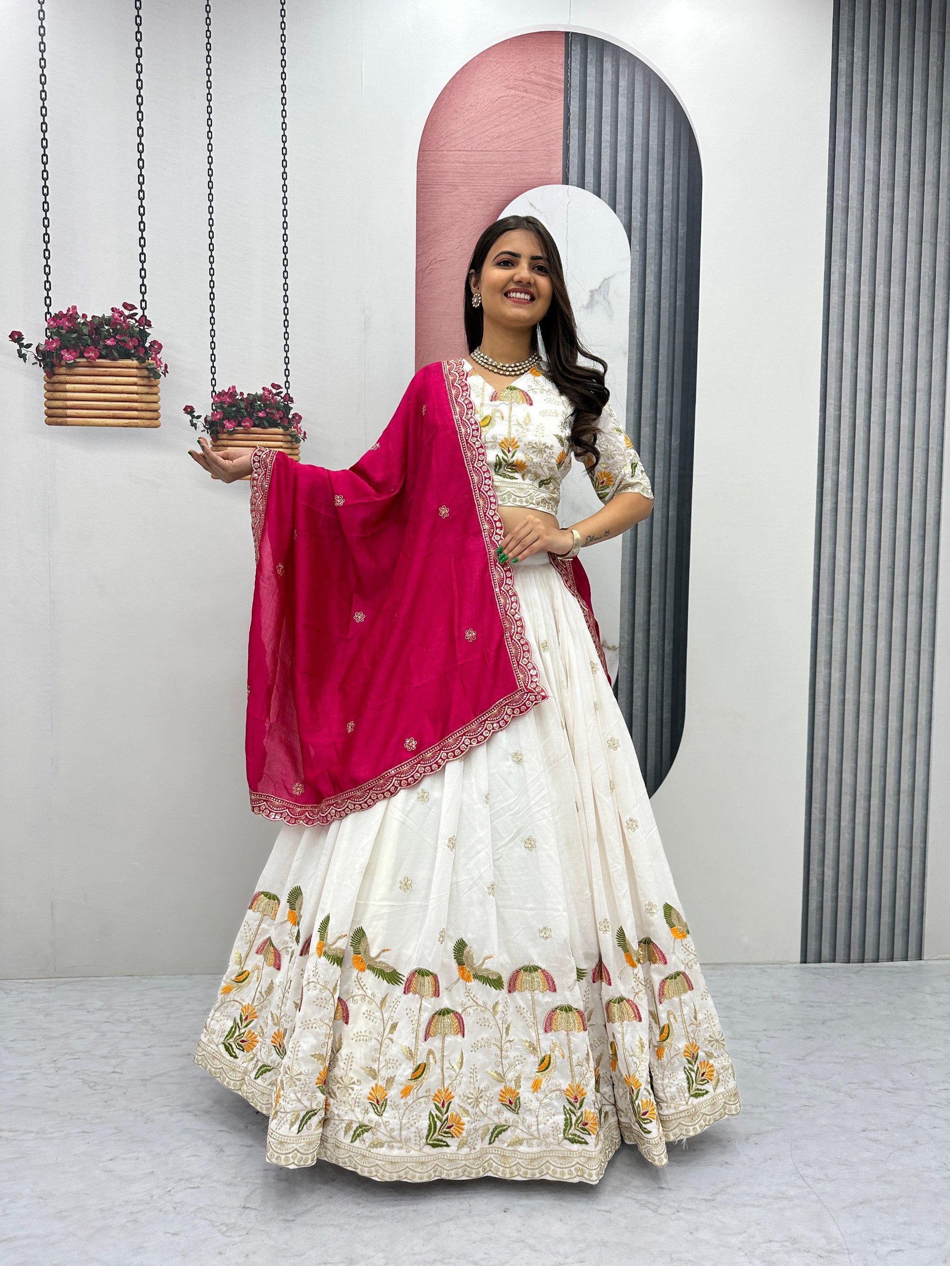 Vaidehi white vichitra silk embroidery work lehenga choli set