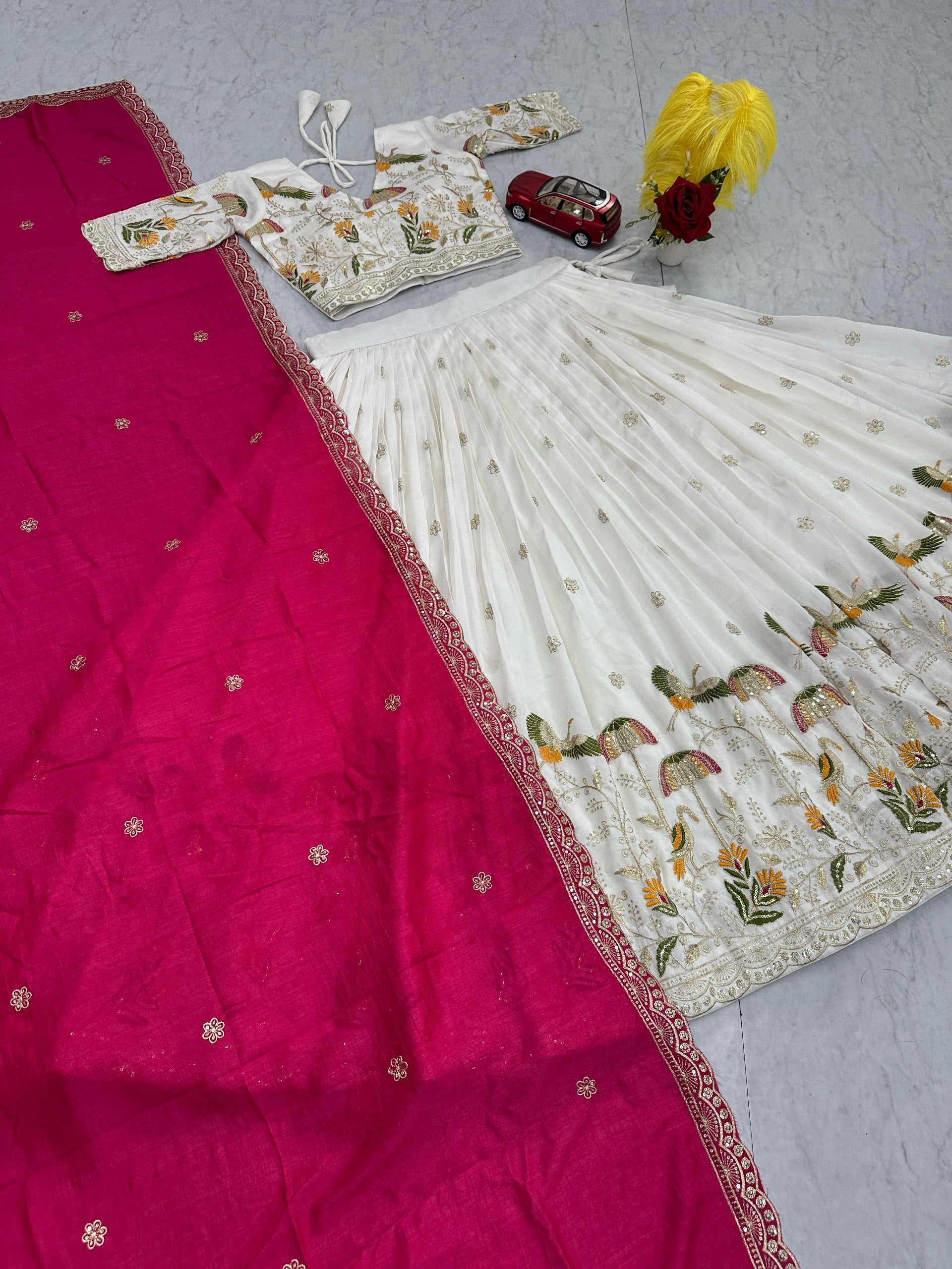 Vaidehi white vichitra silk embroidery work lehenga choli set