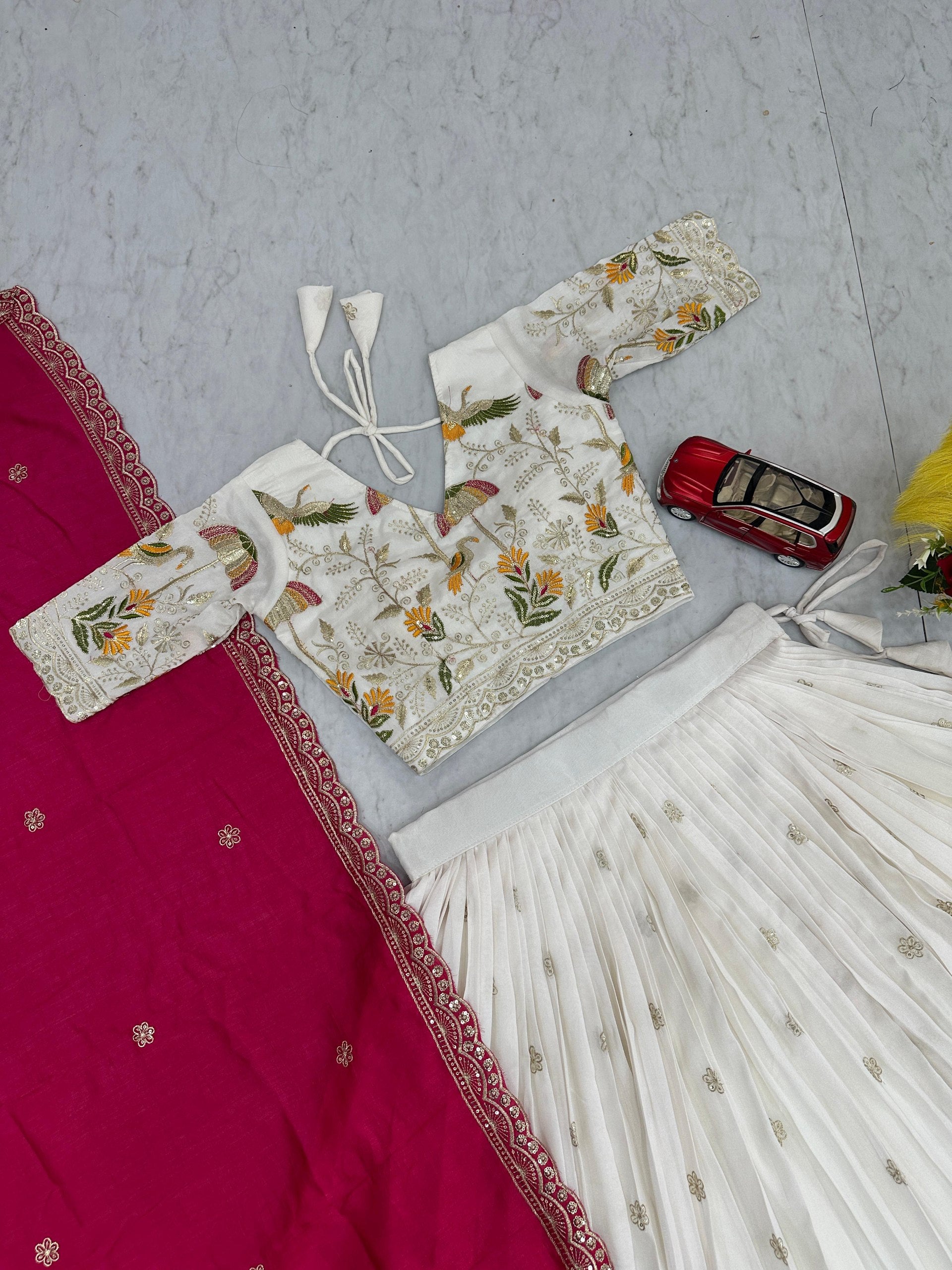 Vaidehi white vichitra silk embroidery work lehenga choli set
