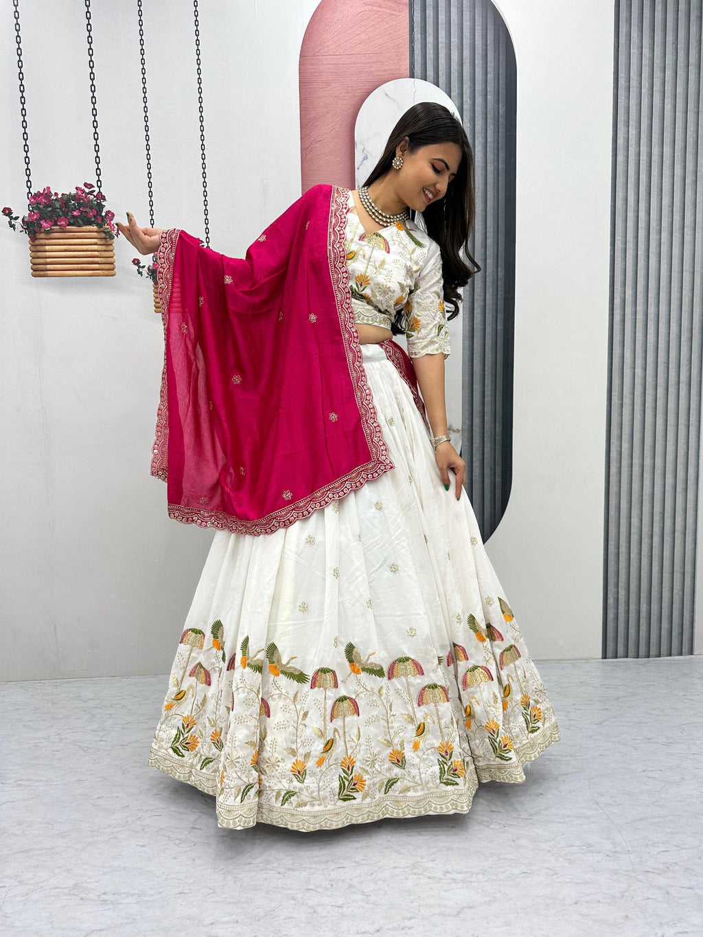 Vaidehi white vichitra silk embroidery work lehenga choli set