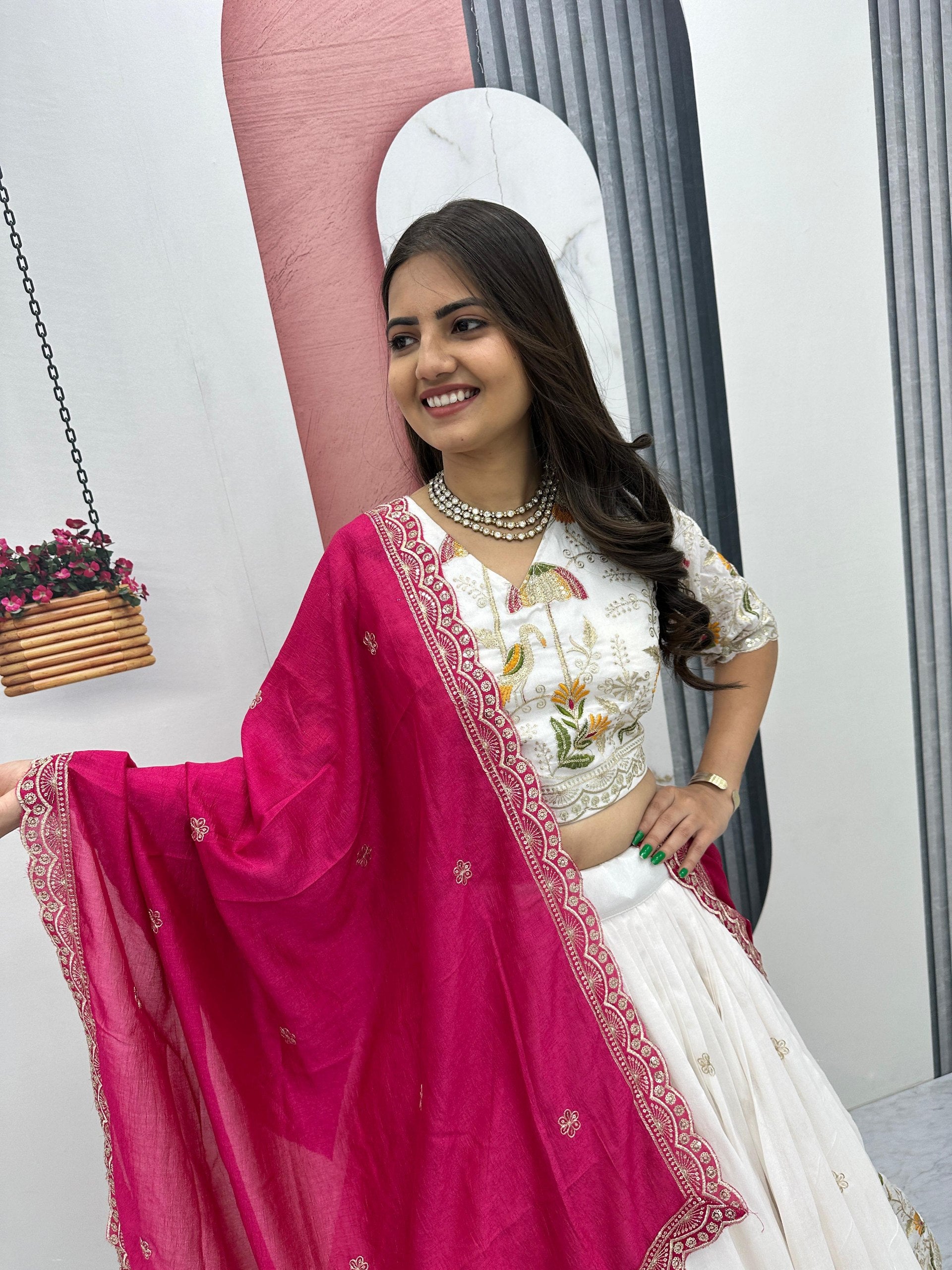 Vaidehi white vichitra silk embroidery work lehenga choli set