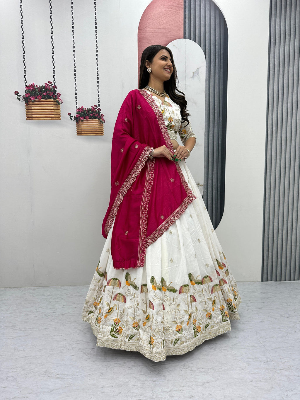 Vaidehi white vichitra silk embroidery work lehenga choli set
