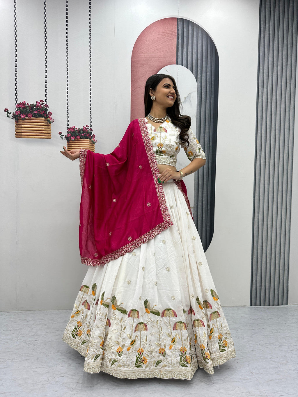 Vaidehi white vichitra silk embroidery work lehenga choli set