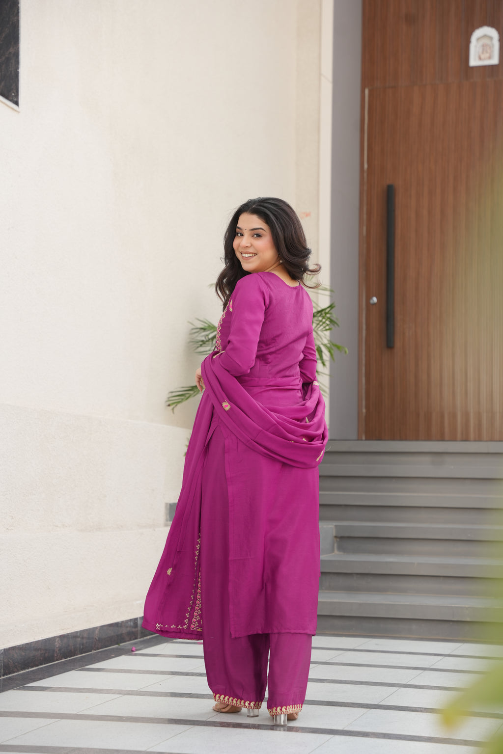 Varsha Magenta Color Chinnon Zari Multi Thread Embroidery Work Kurti Set