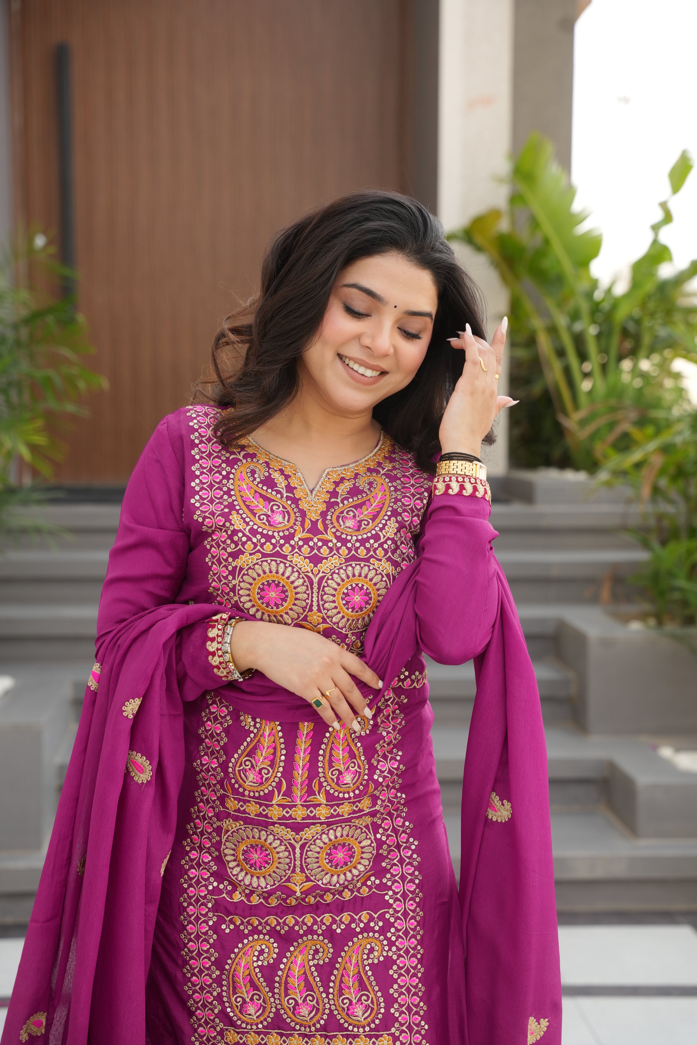 Varsha Magenta Color Chinnon Zari Multi Thread Embroidery Work Kurti Set