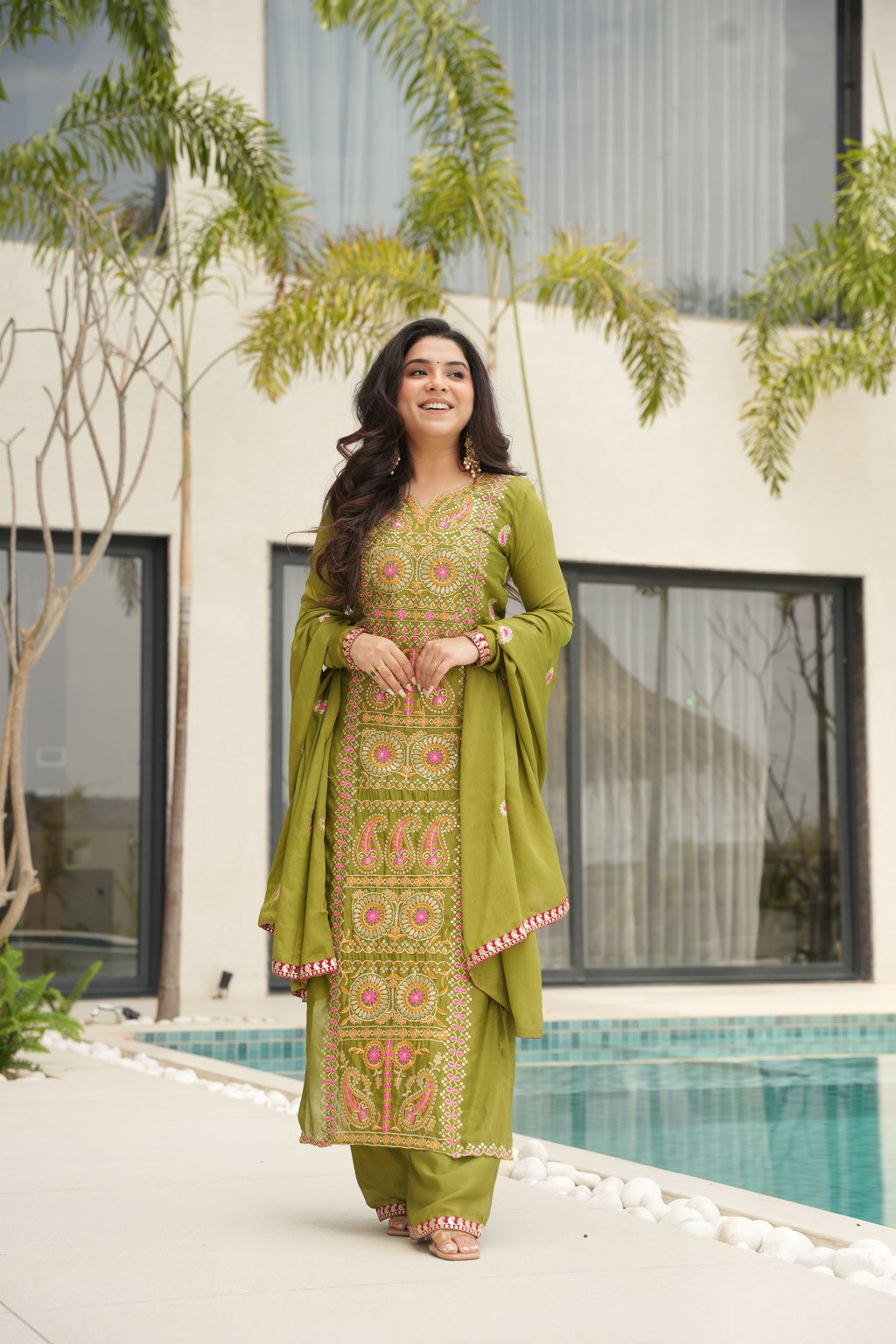 Varsha Parrot Green Chinnon Zari Multi Thread Embroidery Work Kurti Set