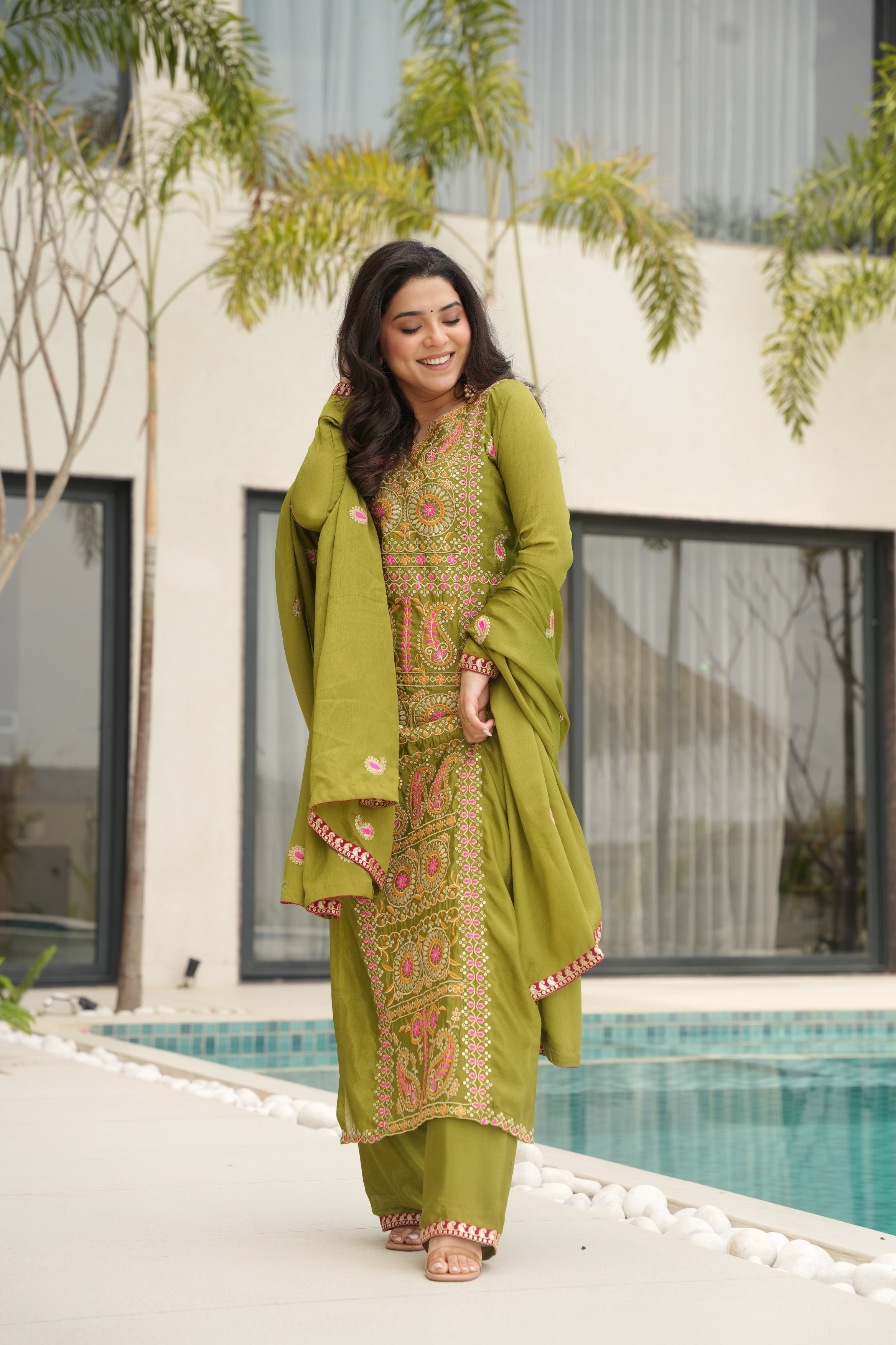 Varsha Parrot Green Chinnon Zari Multi Thread Embroidery Work Kurti Set