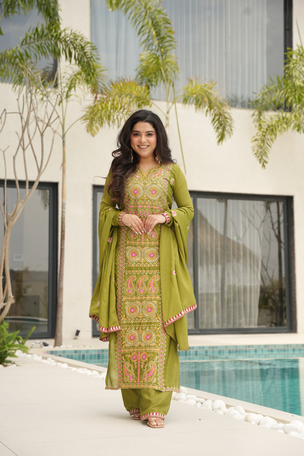 Varsha Parrot Green Chinnon Zari Multi Thread Embroidery Work Kurti Set