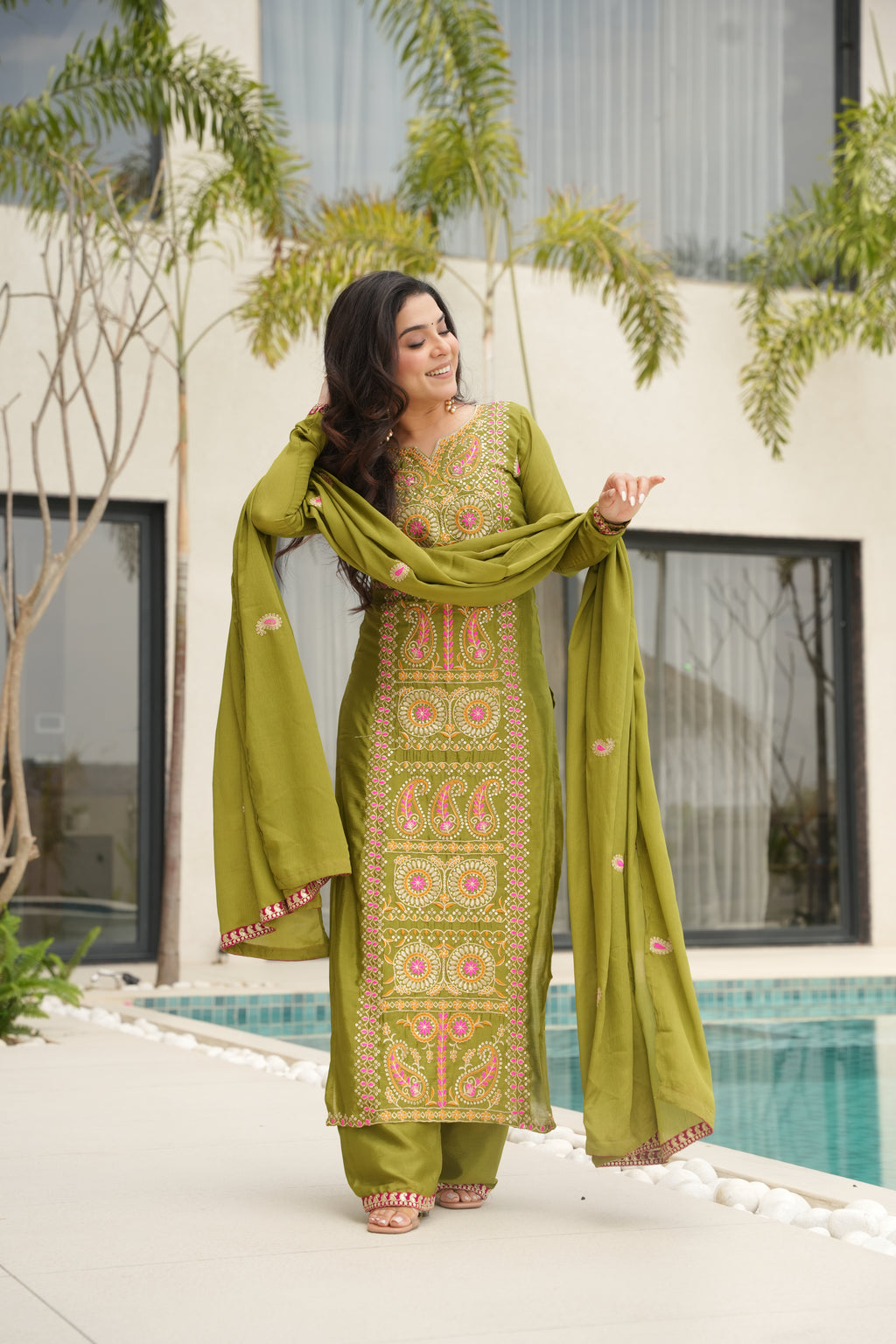 Varsha Parrot Green Chinnon Zari Multi Thread Embroidery Work Kurti Set