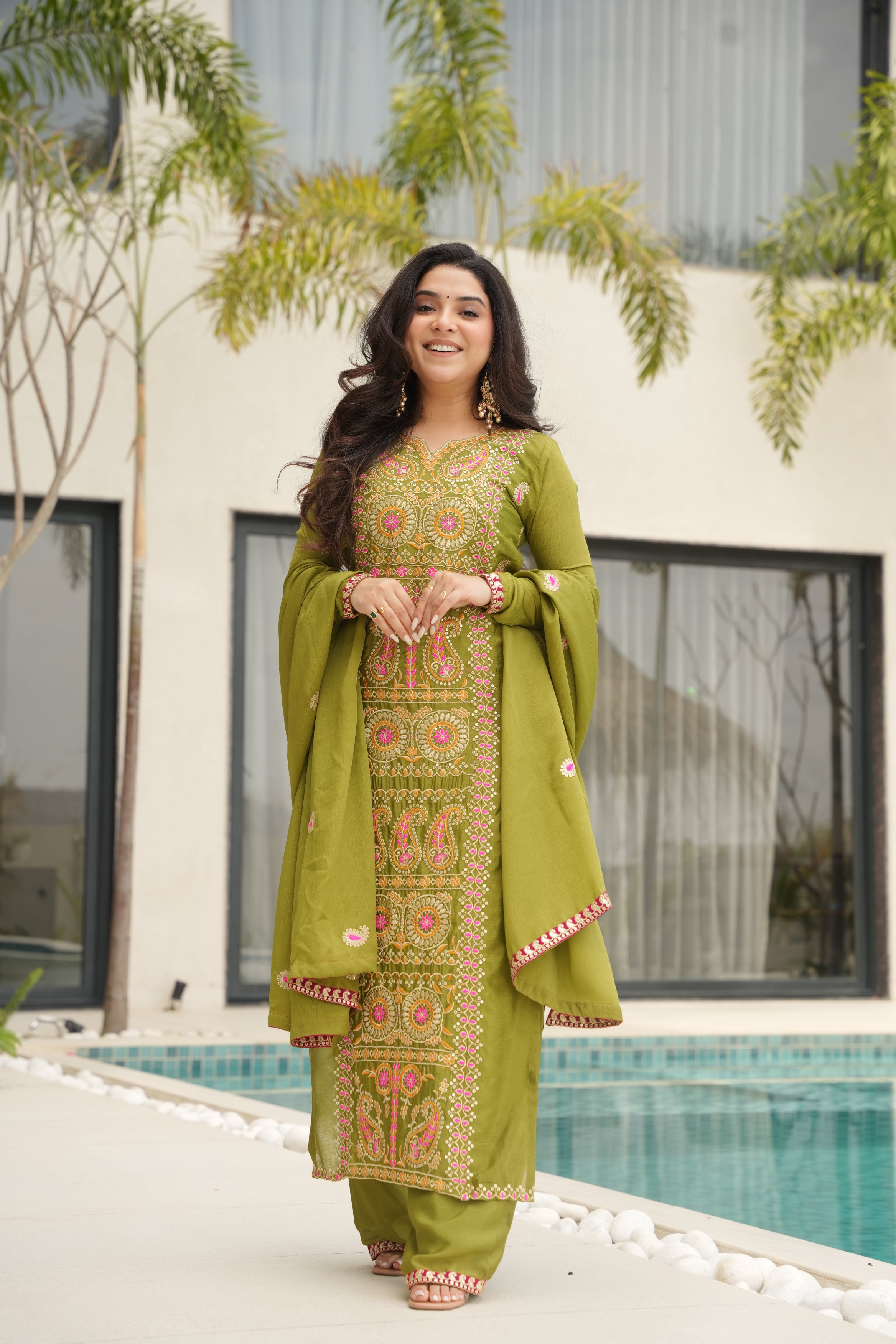 Varsha Parrot Green Chinnon Zari Multi Thread Embroidery Work Kurti Set
