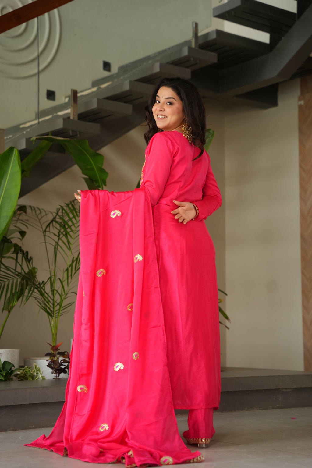 Varsha pink Chinnon kurti set with zari multi thread embroidery work