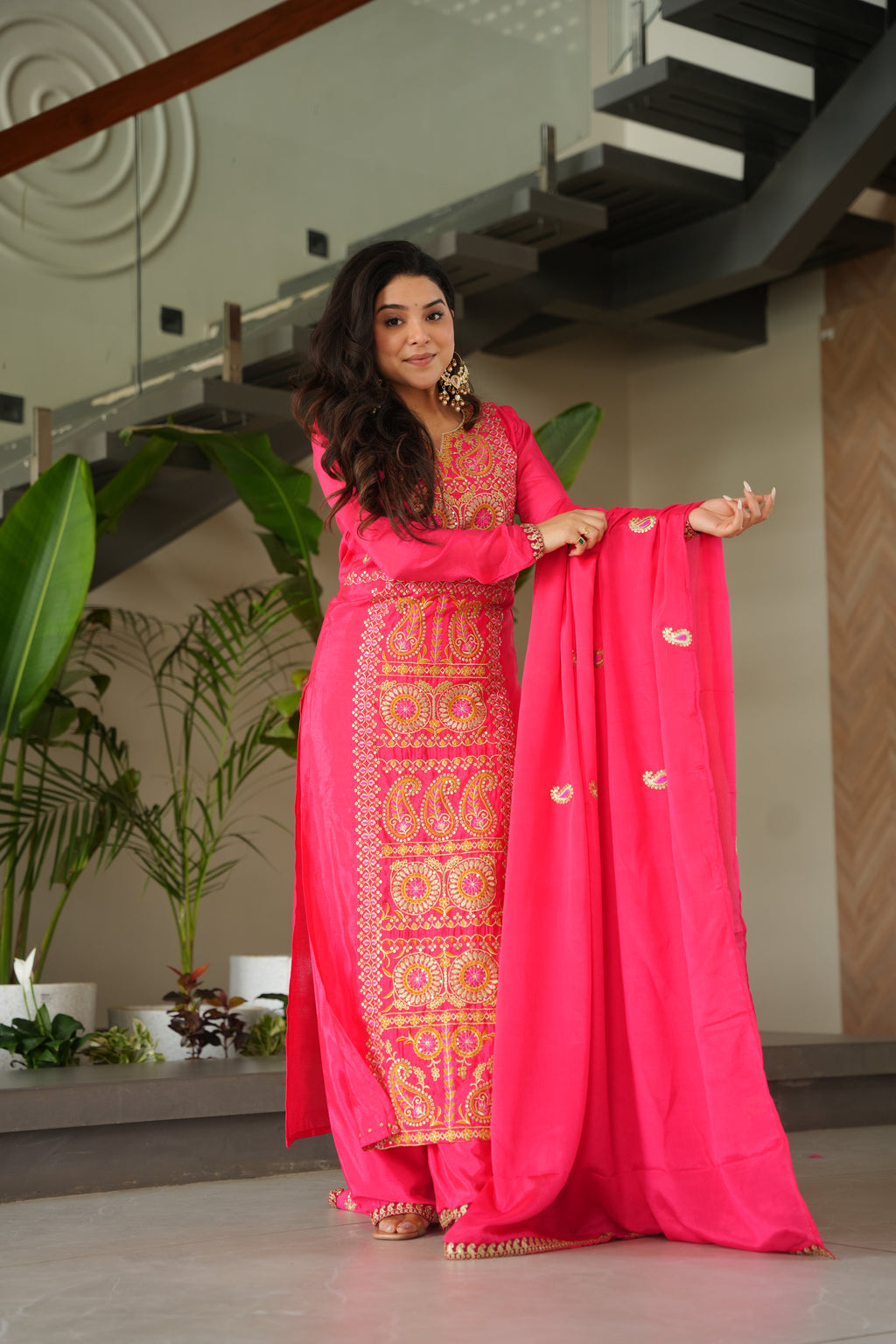 Varsha pink Chinnon kurti set with zari multi thread embroidery work