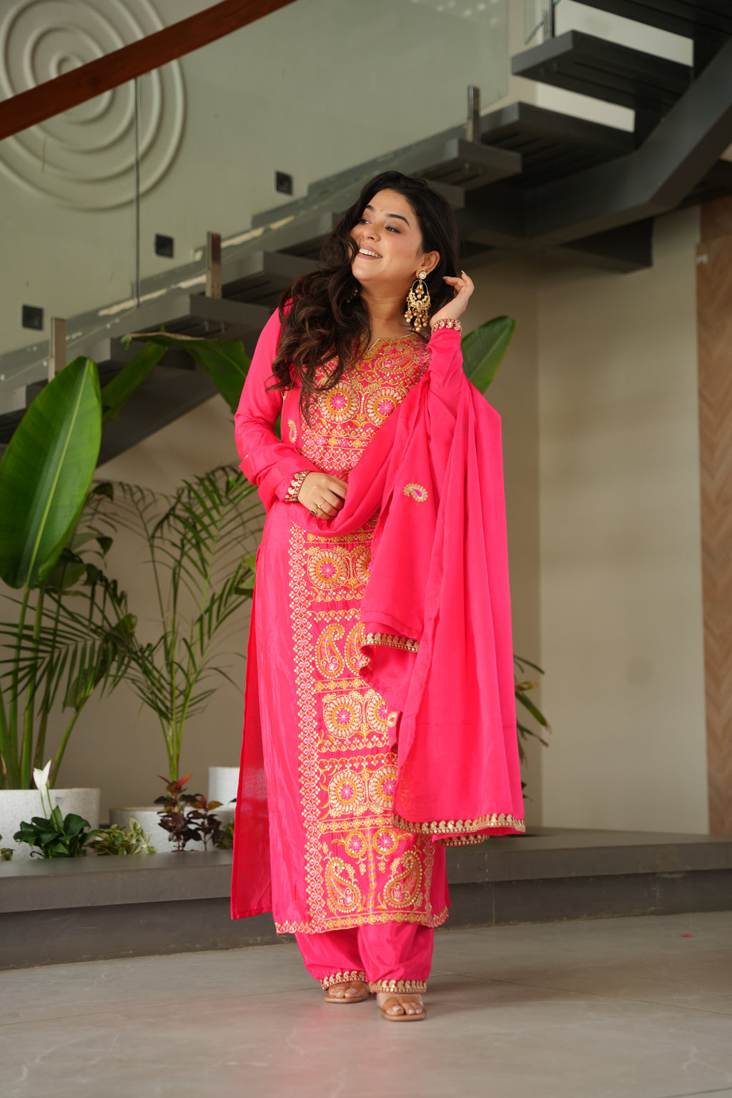 Varsha pink Chinnon kurti set with zari multi thread embroidery work