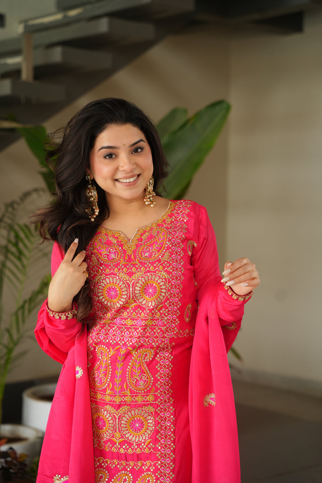 Varsha pink Chinnon kurti set with zari multi thread embroidery work