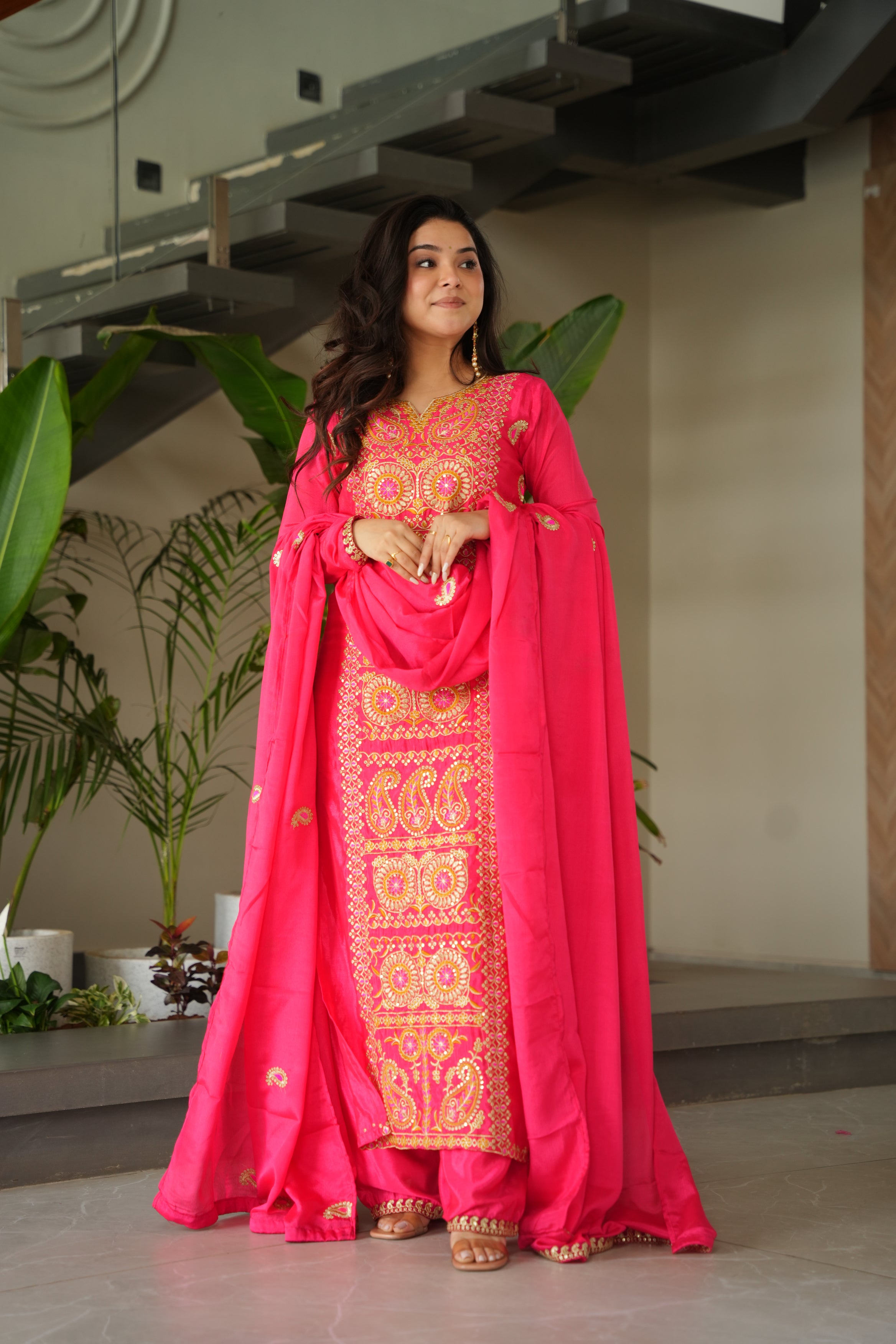 Varsha pink Chinnon kurti set with zari multi thread embroidery work