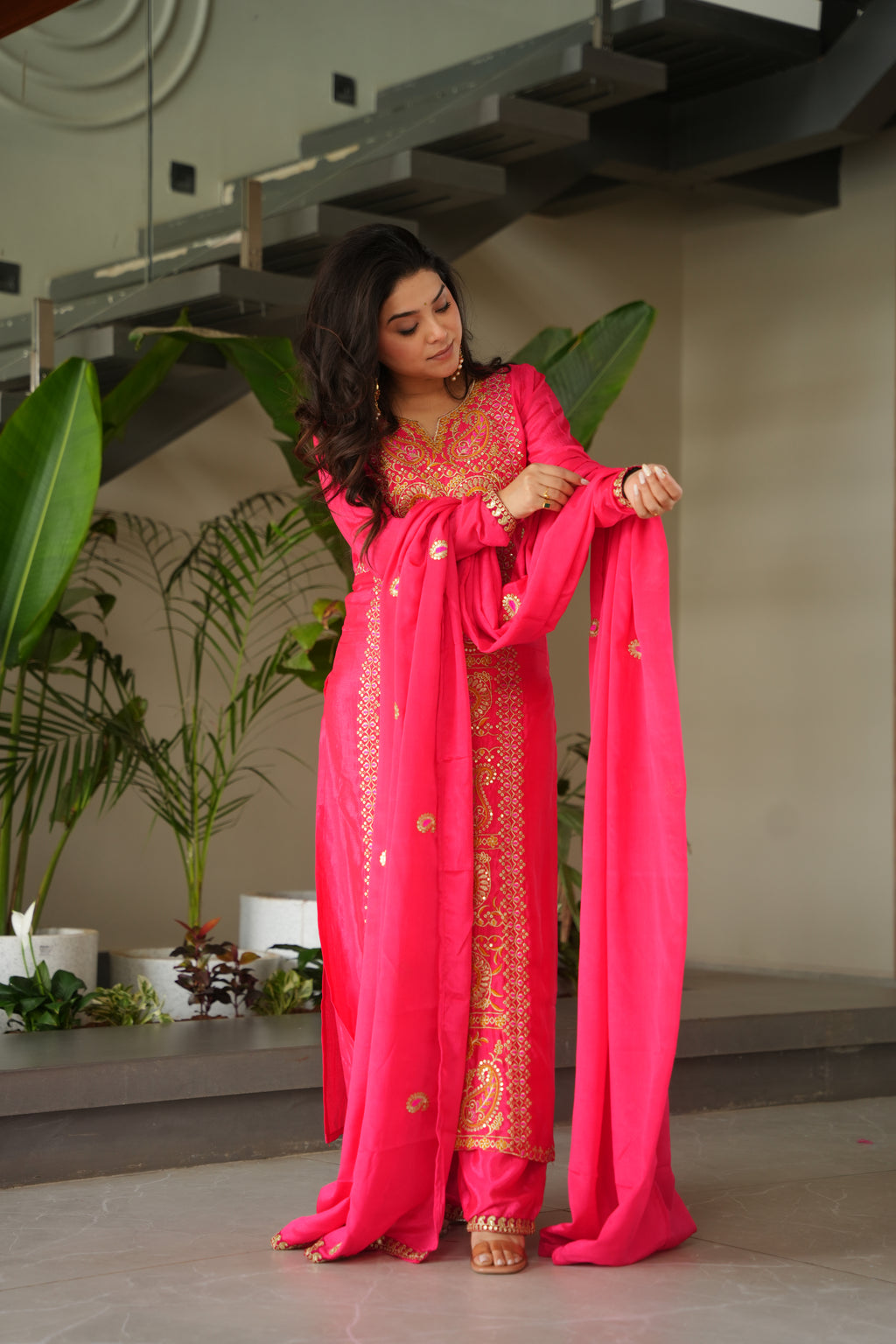 Varsha pink Chinnon kurti set with zari multi thread embroidery work