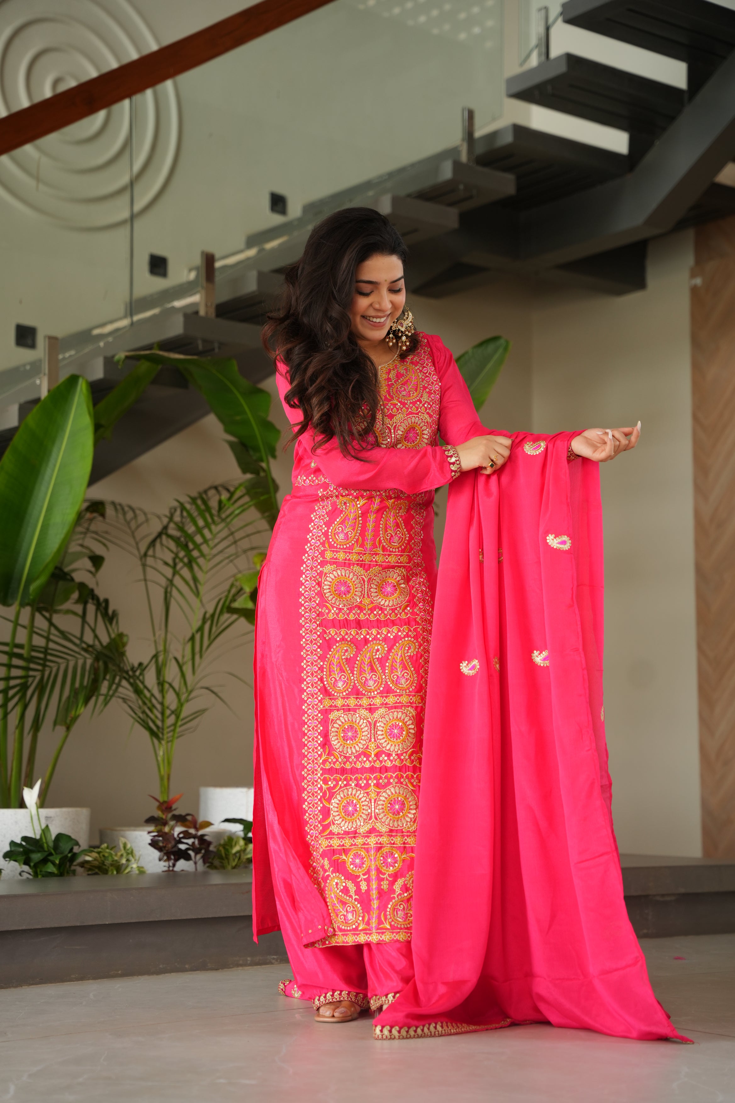 Varsha pink Chinnon kurti set with zari multi thread embroidery work