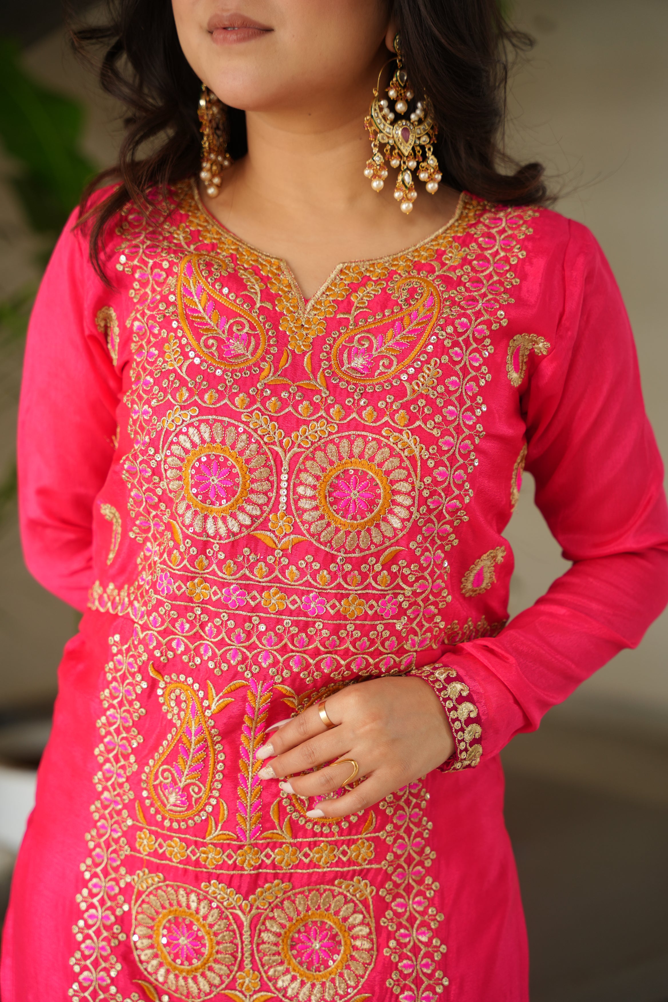 Varsha pink Chinnon kurti set with zari multi thread embroidery work