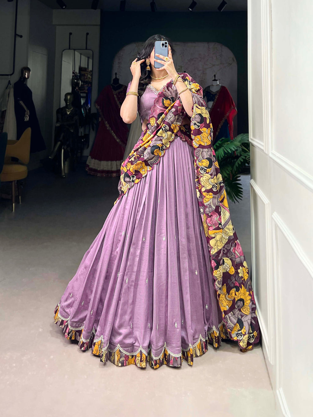 Vasa Lavender Color Vichitra Silk Sequins Thread Embroidery Half-Saree Lehenga