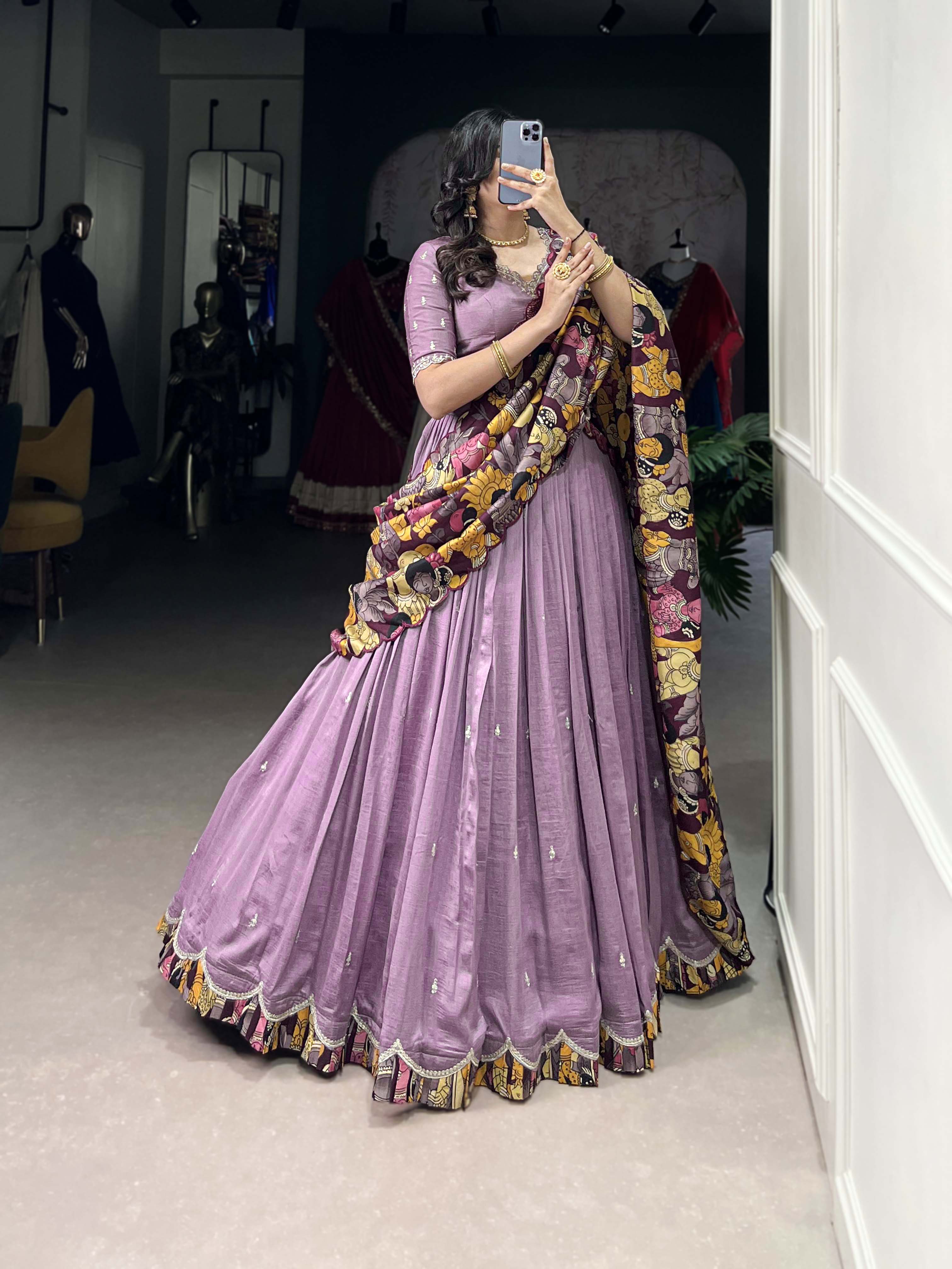 Vasa Lavender Color Vichitra Silk Sequins Thread Embroidery Half-Saree Lehenga