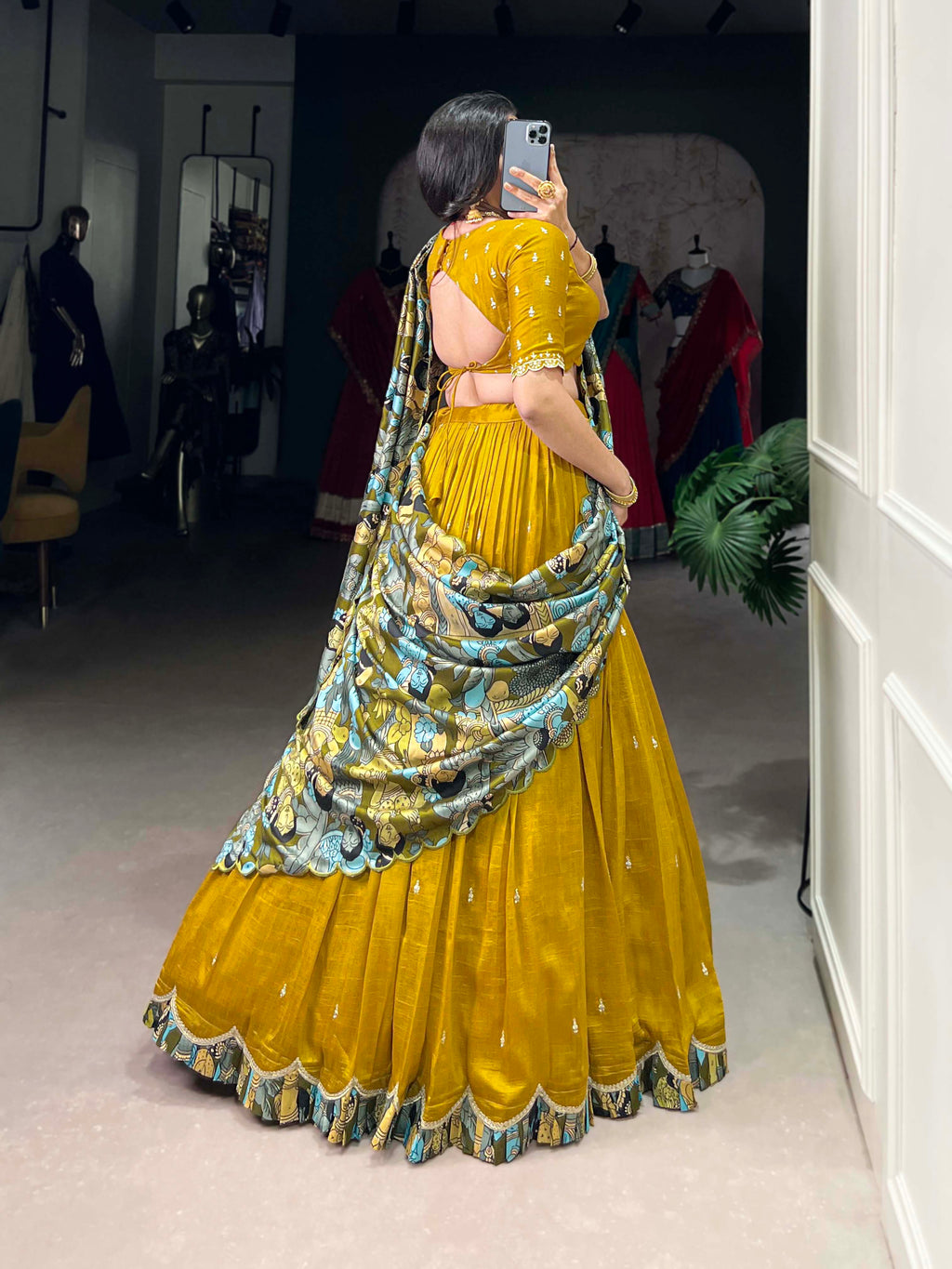 Vasa Mustard Yellow Vichitra Silk Sequins Thread Embroidery Half-Saree Lehenga