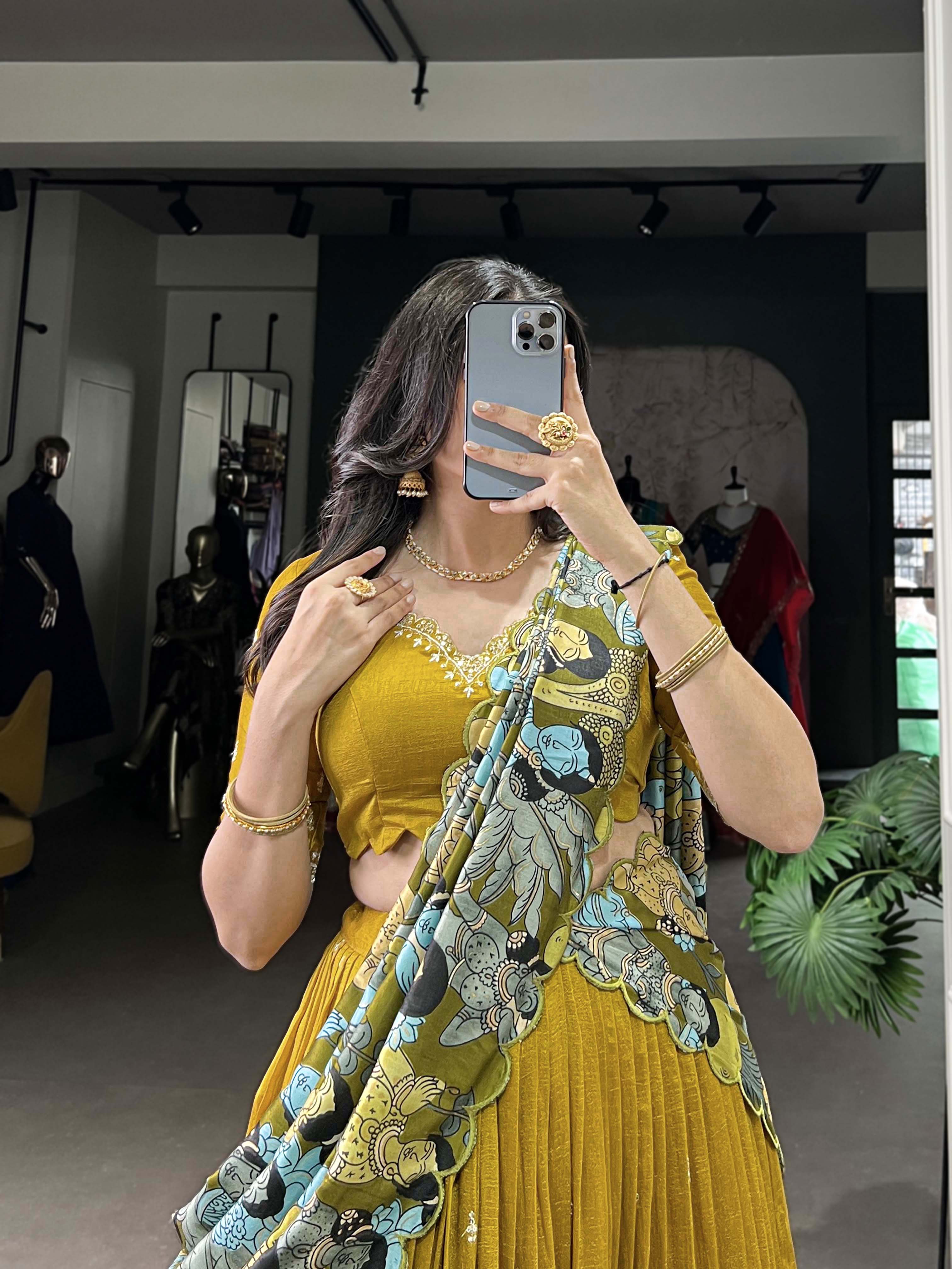 Vasa Mustard Yellow Vichitra Silk Sequins Thread Embroidery Half-Saree Lehenga