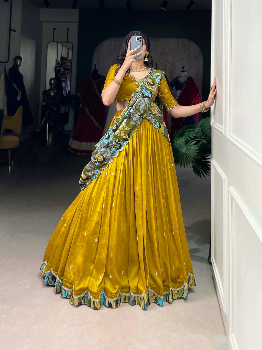 Vasa Mustard Yellow Vichitra Silk Sequins Thread Embroidery Half-Saree Lehenga