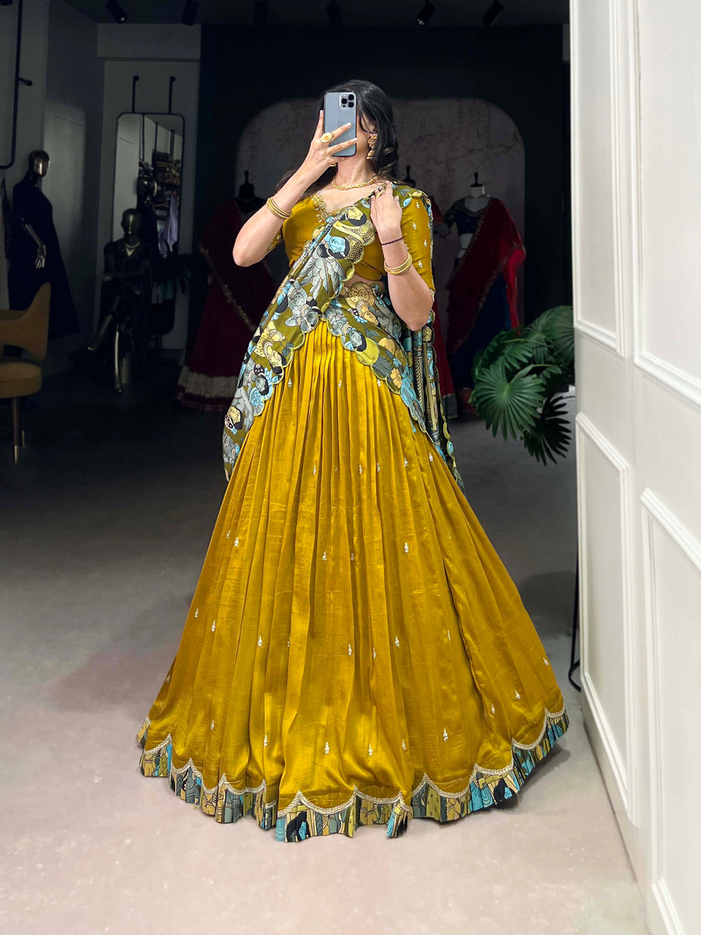 Vasa Mustard Yellow Vichitra Silk Sequins Thread Embroidery Half-Saree Lehenga