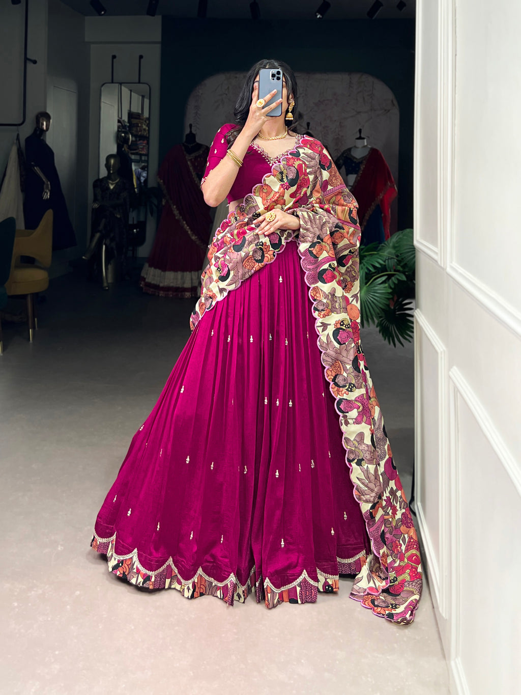 Vasa Pink Vichitra Silk Sequins Thread Embroidery Half-Saree Lehenga