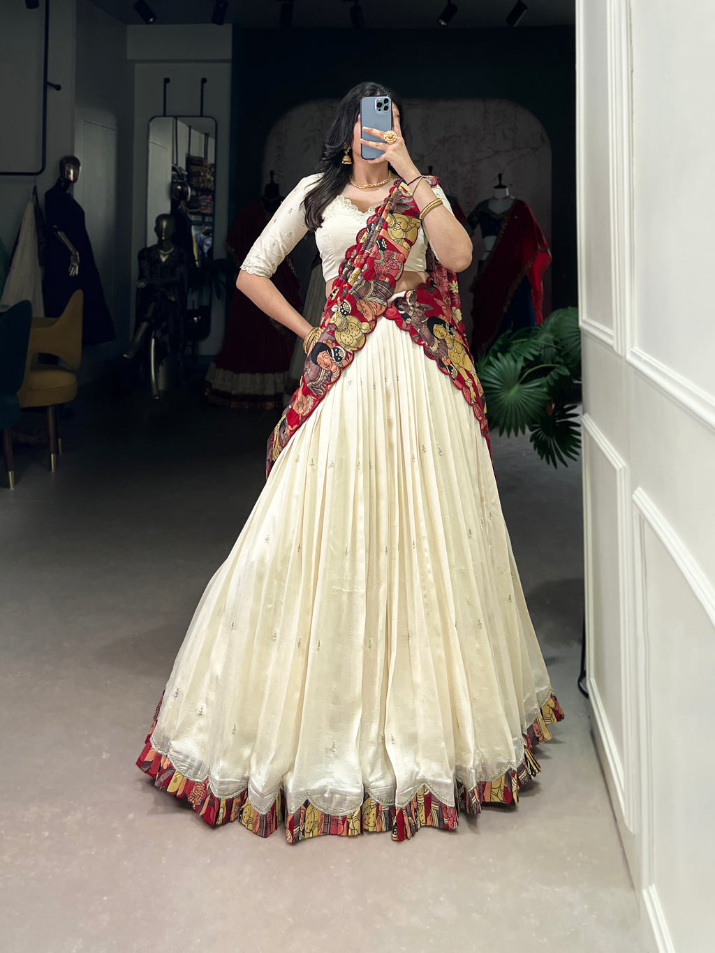 Vasa Off-White Vichitra Silk Sequins Thread Embroidery Half-Saree Lehenga