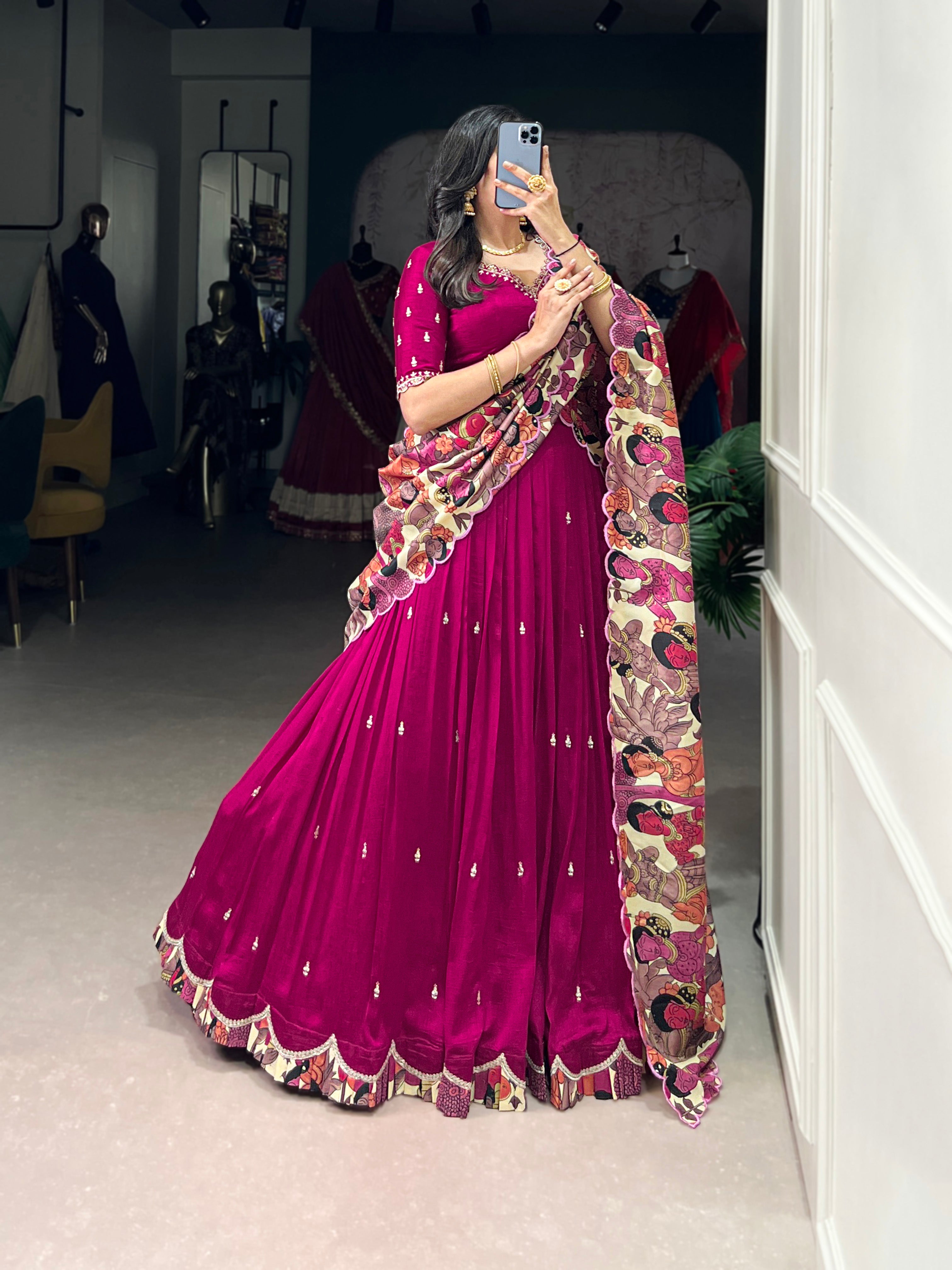 Vasa Pink Vichitra Silk Sequins Thread Embroidery Half-Saree Lehenga