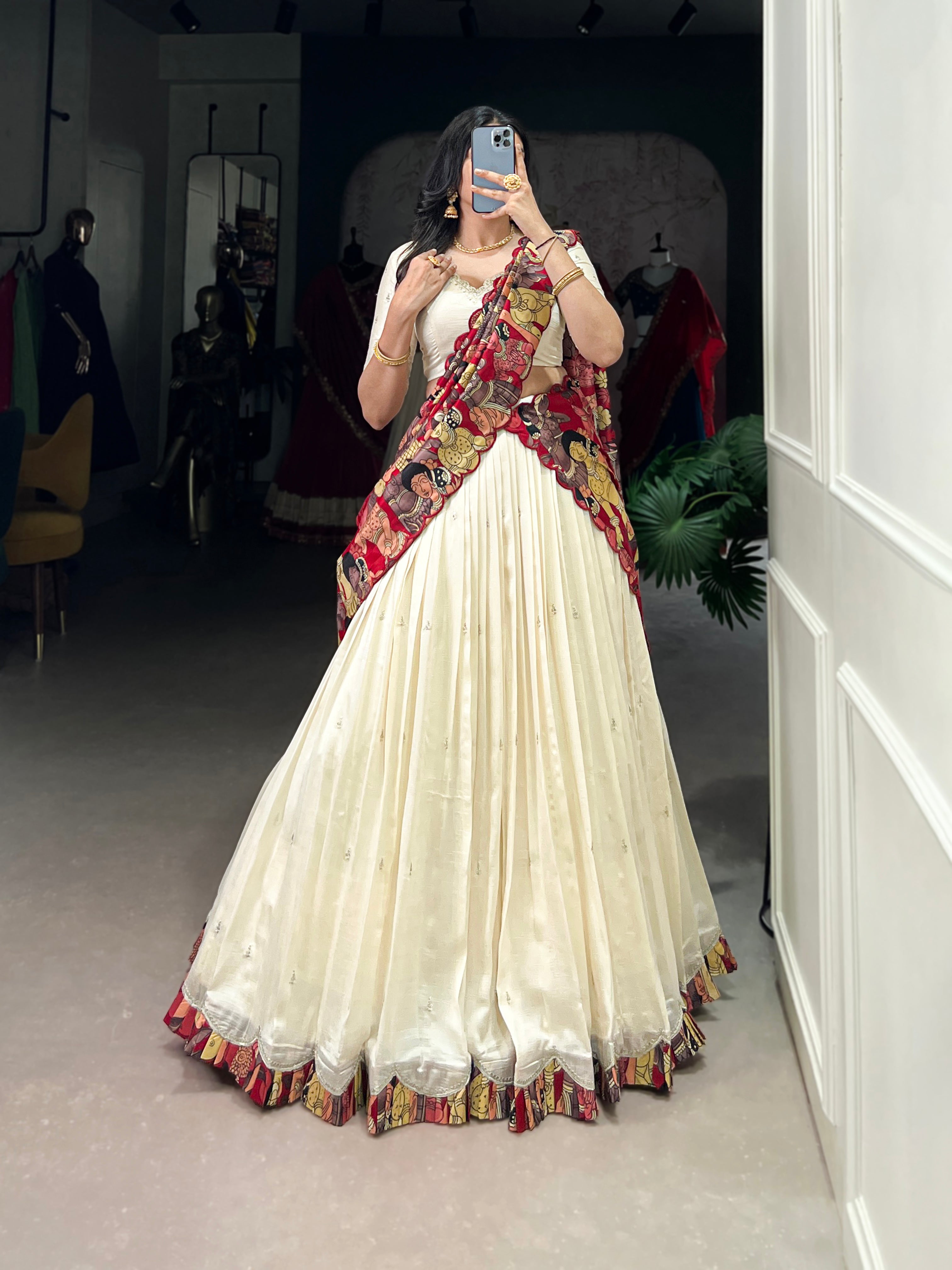 Vasa Off-White Vichitra Silk Sequins Thread Embroidery Half-Saree Lehenga