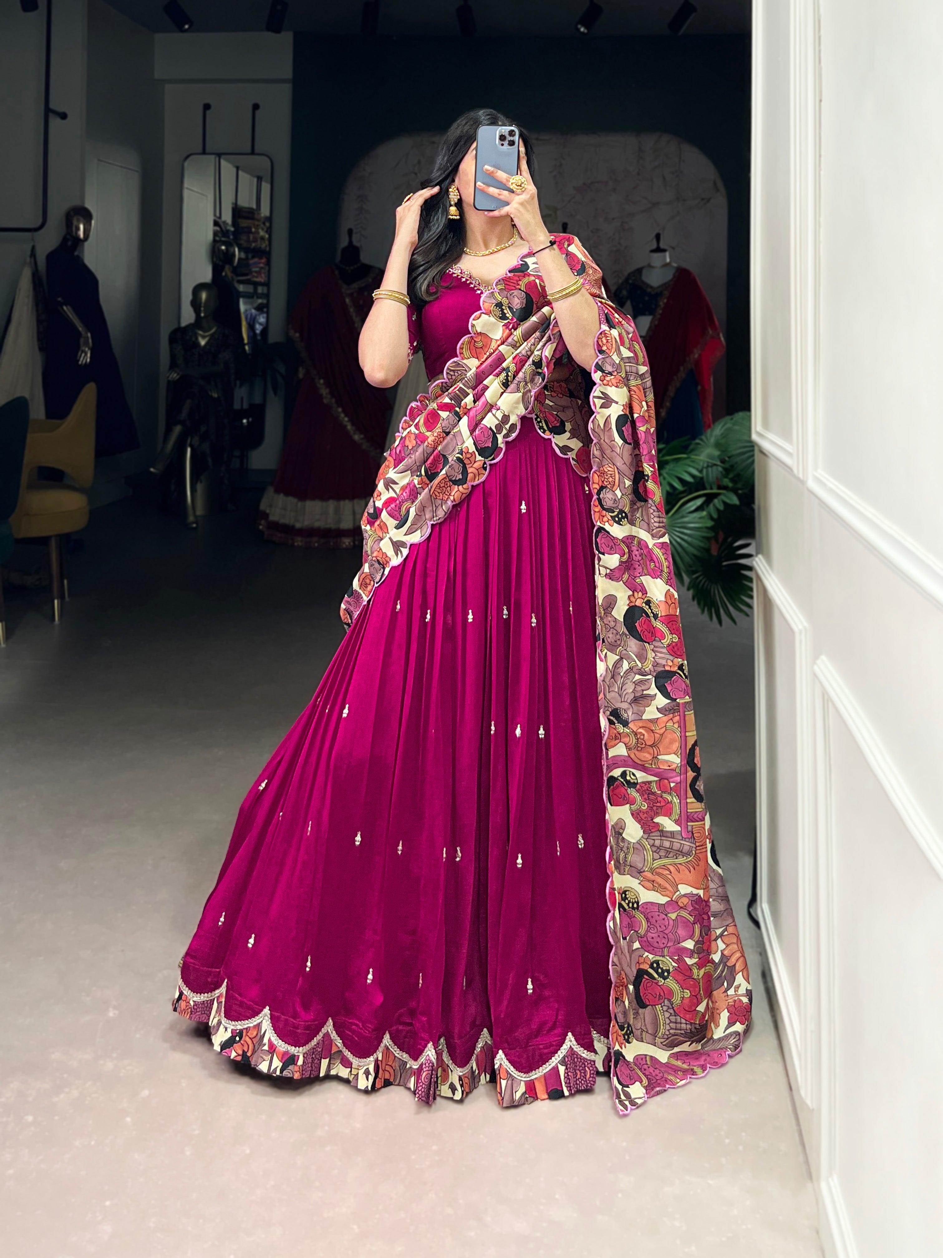 Vasa Pink Vichitra Silk Sequins Thread Embroidery Half-Saree Lehenga