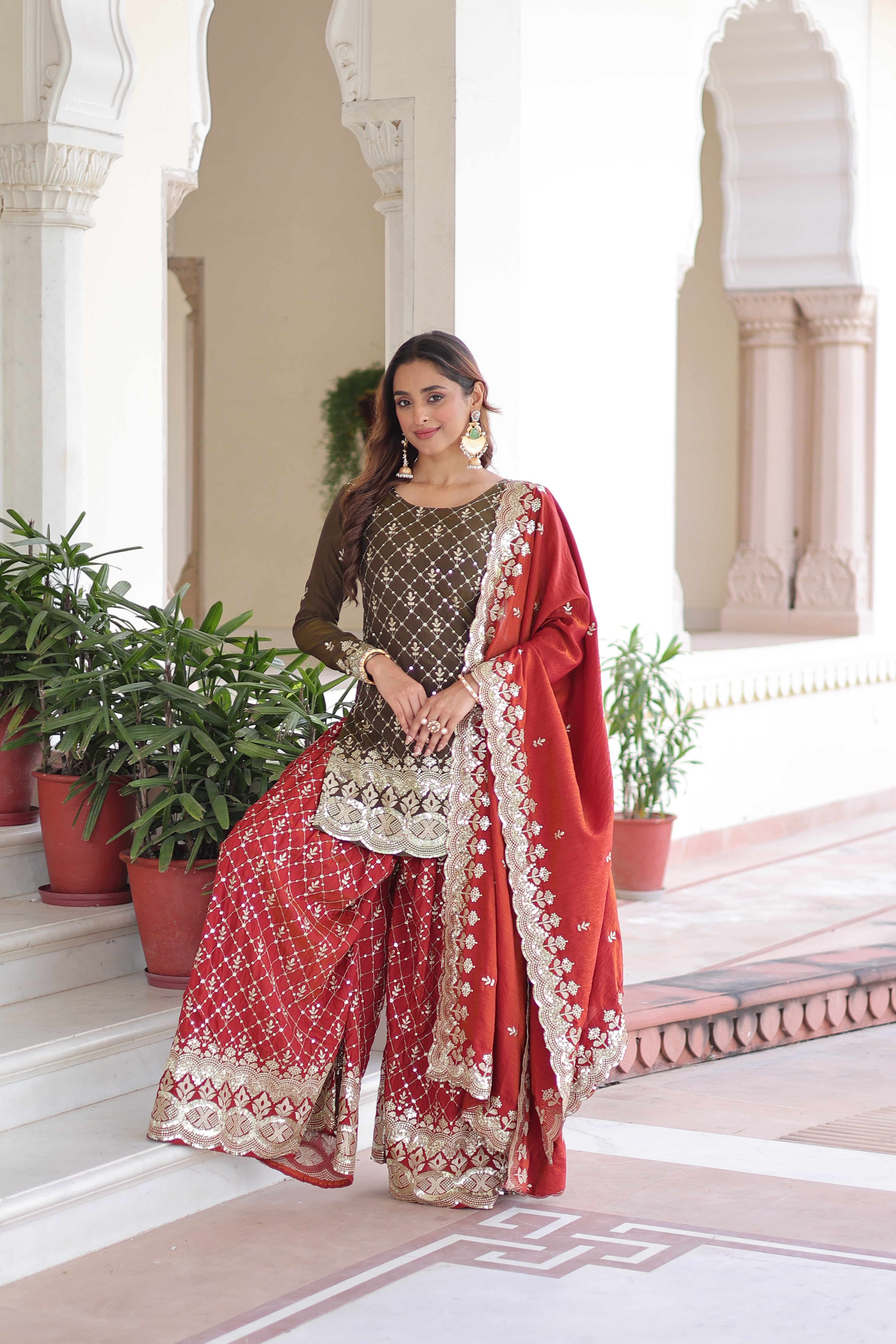 Vireka Olive Green Vichitra Silk Sequins Embroidered Work Kurti Sharara Set