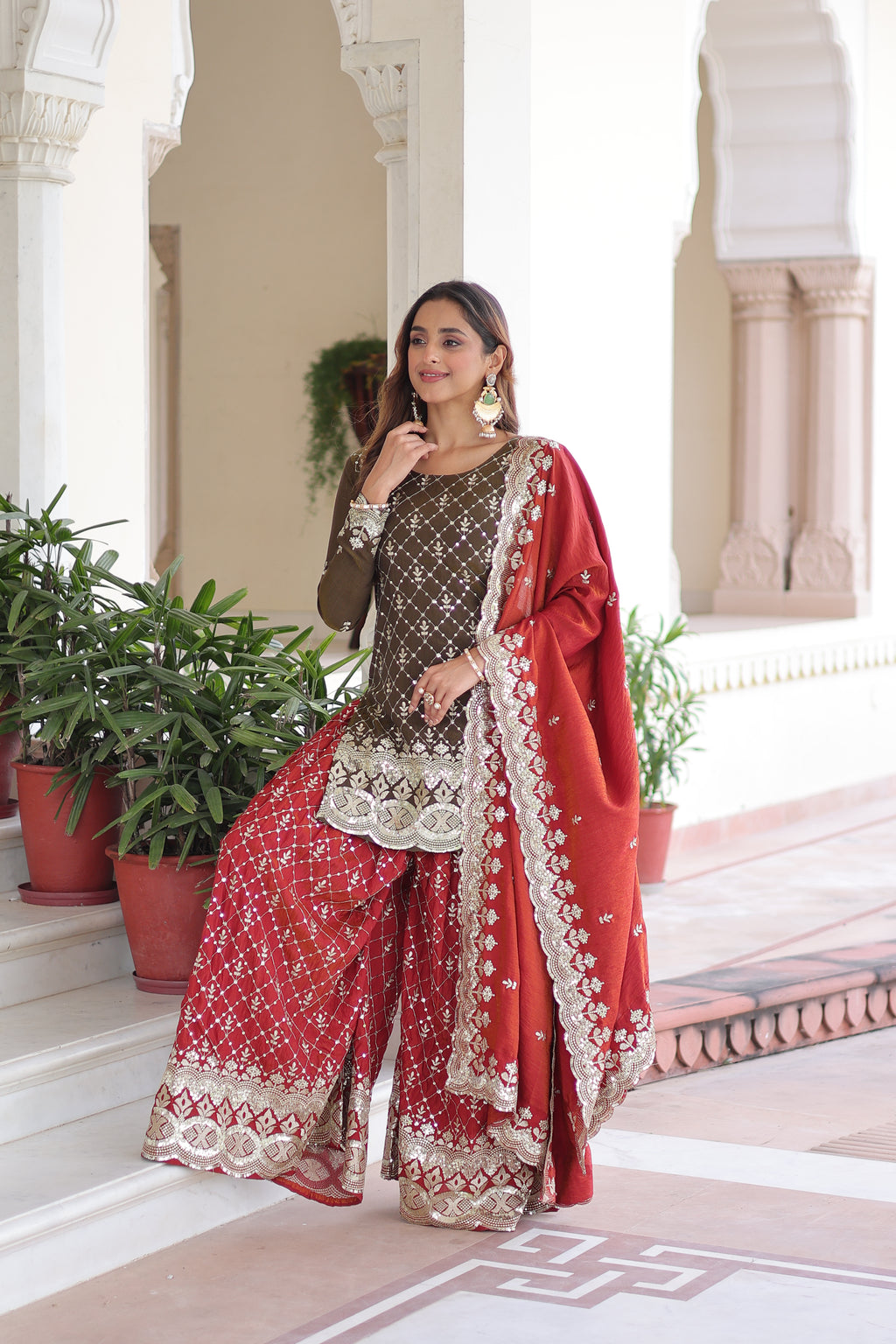 Vireka Olive Green Vichitra Silk Sequins Embroidered Work Kurti Sharara Set