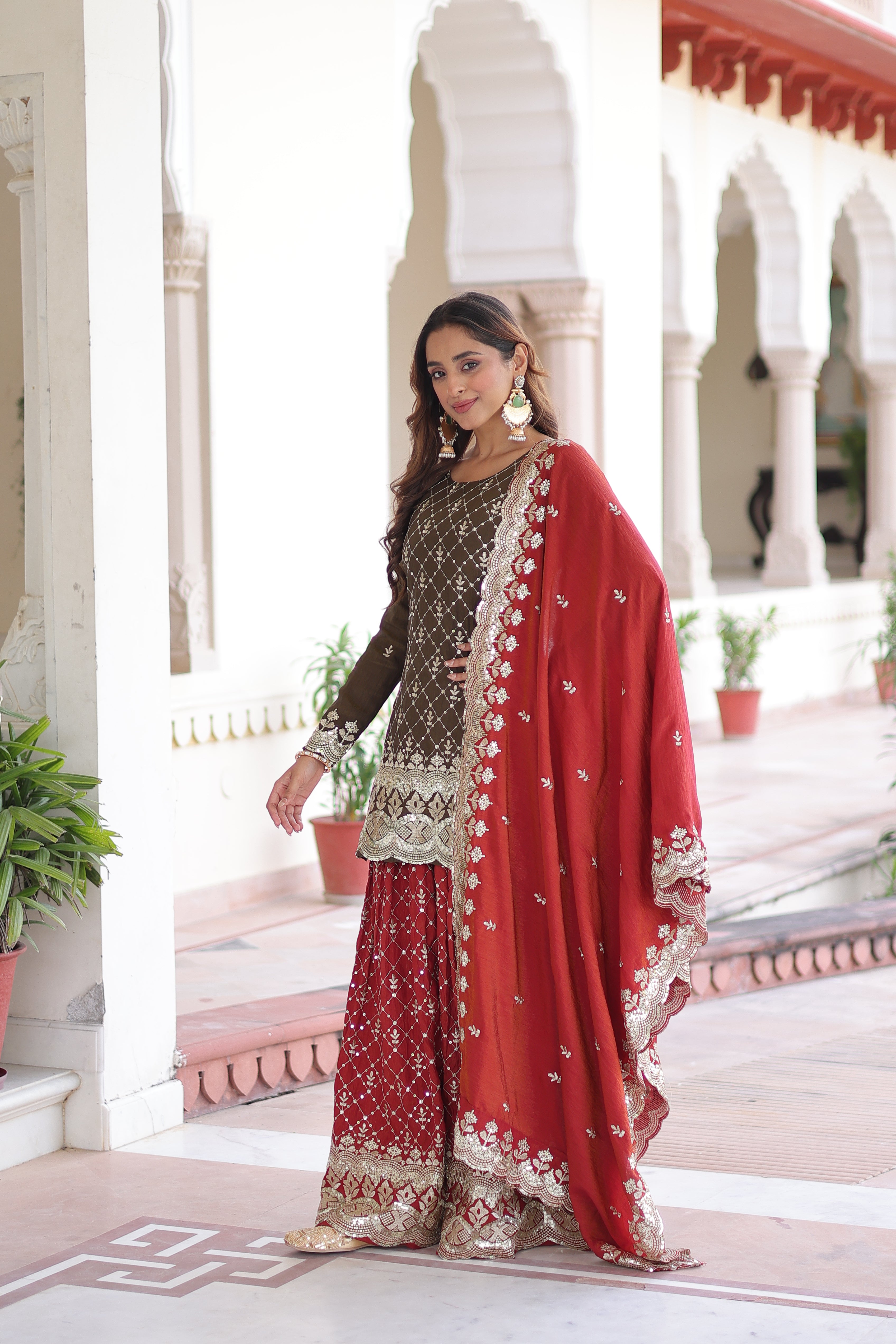 Vireka Olive Green Vichitra Silk Sequins Embroidered Work Kurti Sharara Set