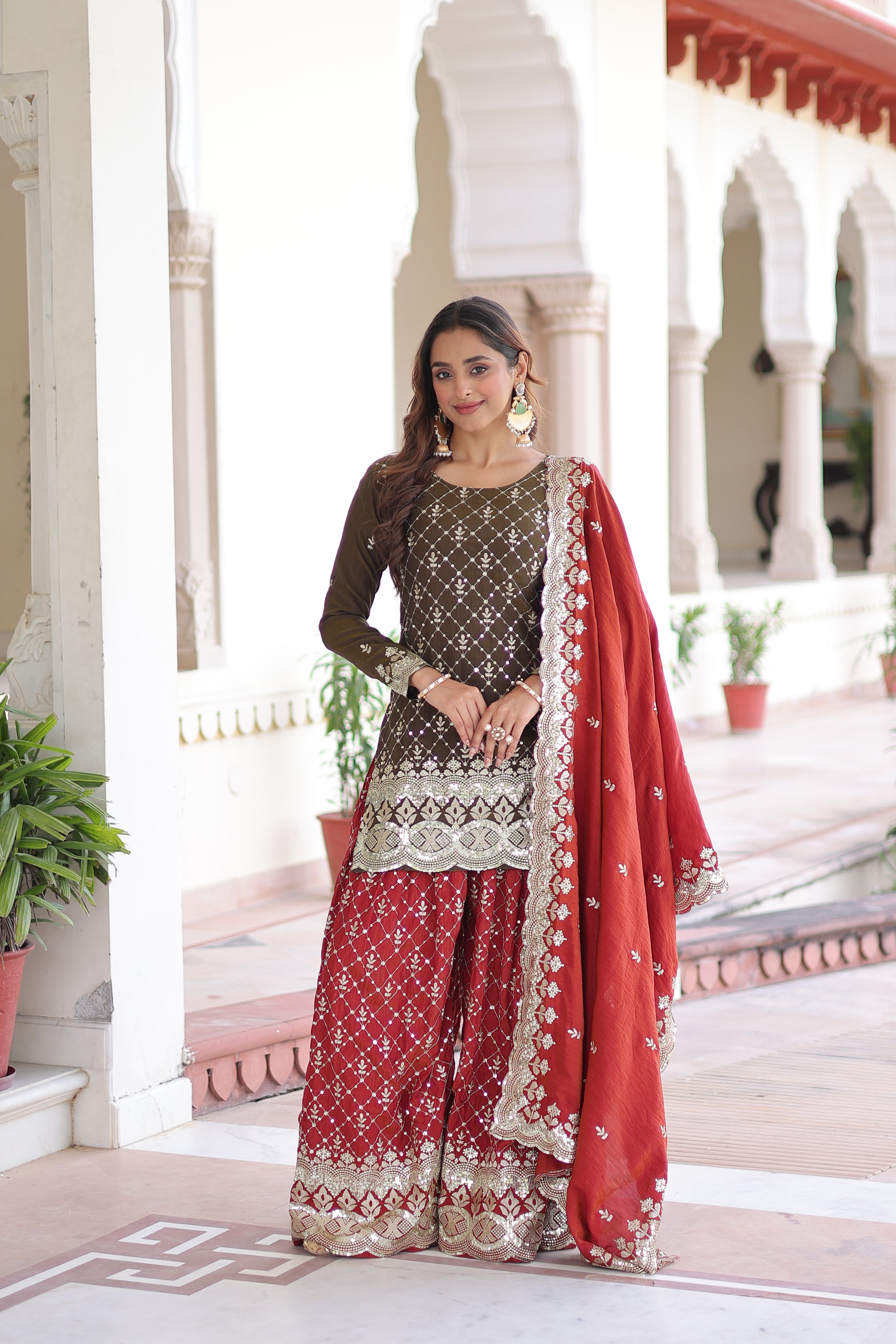 Vireka Olive Green Vichitra Silk Sequins Embroidered Work Kurti Sharara Set