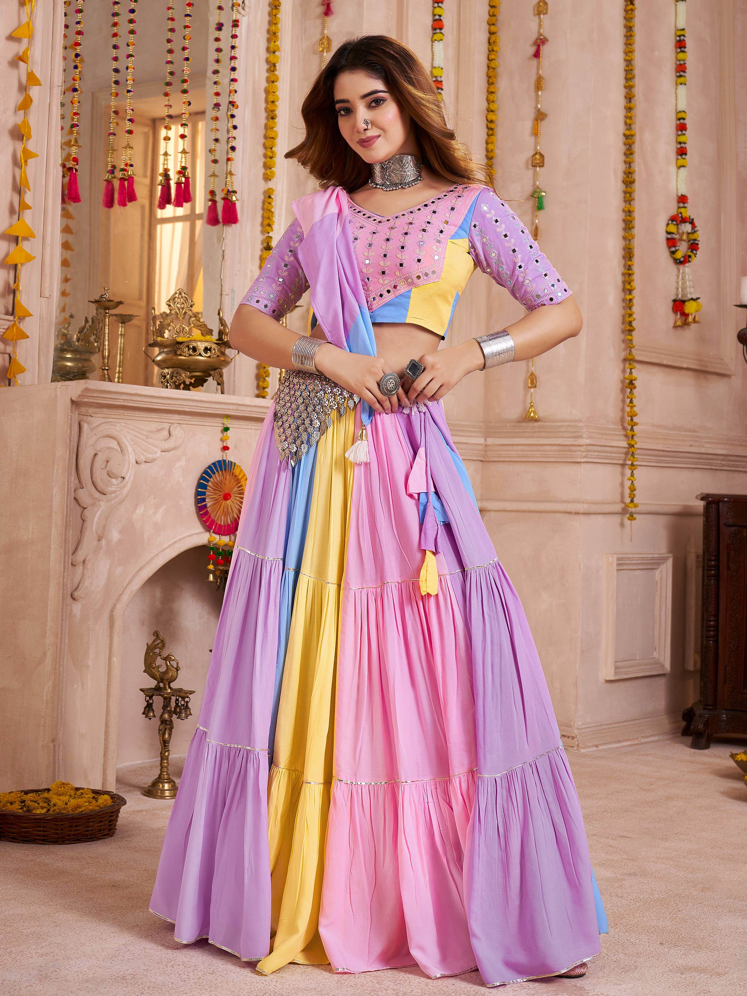 Multicolor Viscose Cotton Mirror Work Navratri Lehenga Choli with Dupatta