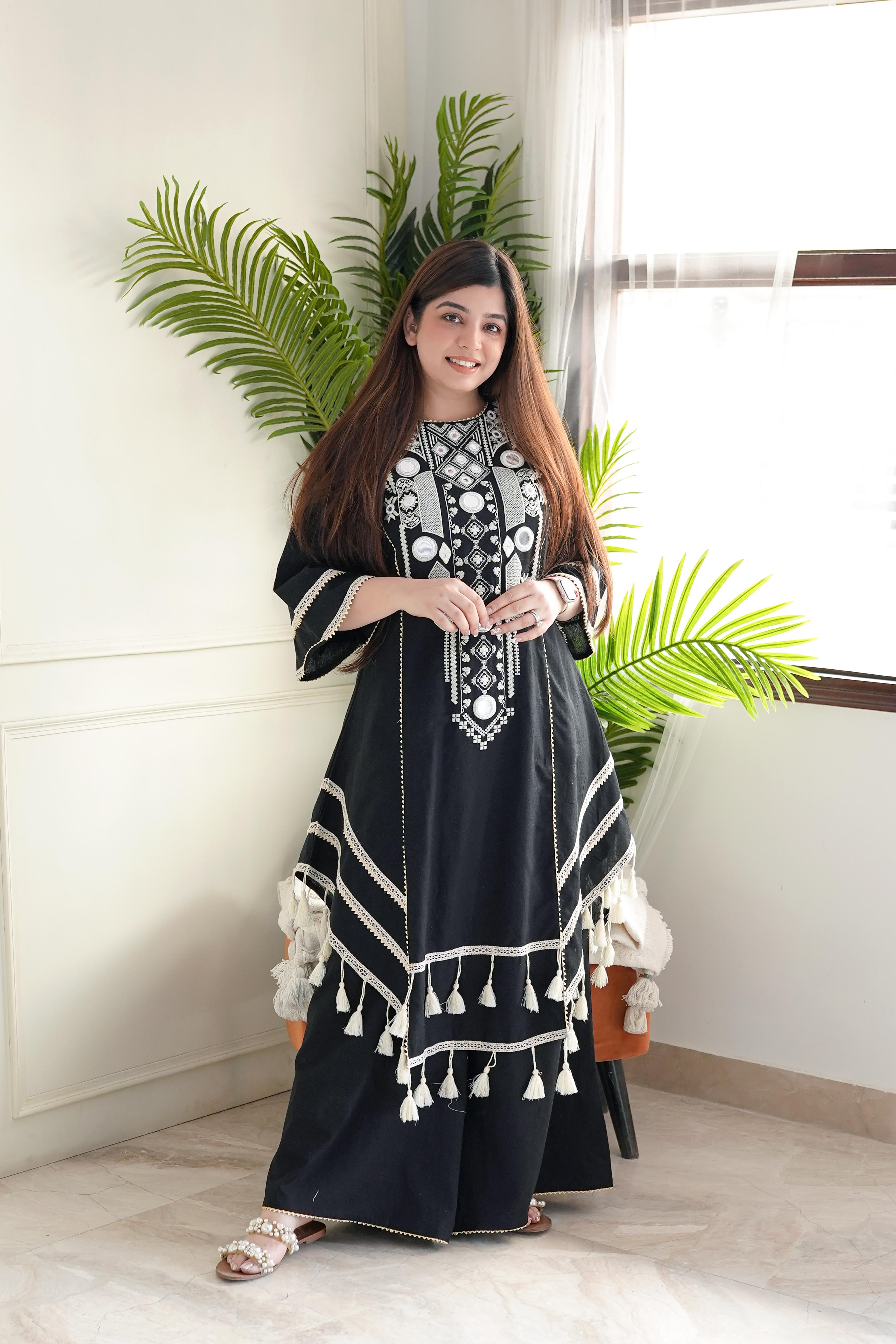 Anusha Black Embroidered Cotton Kurta Set