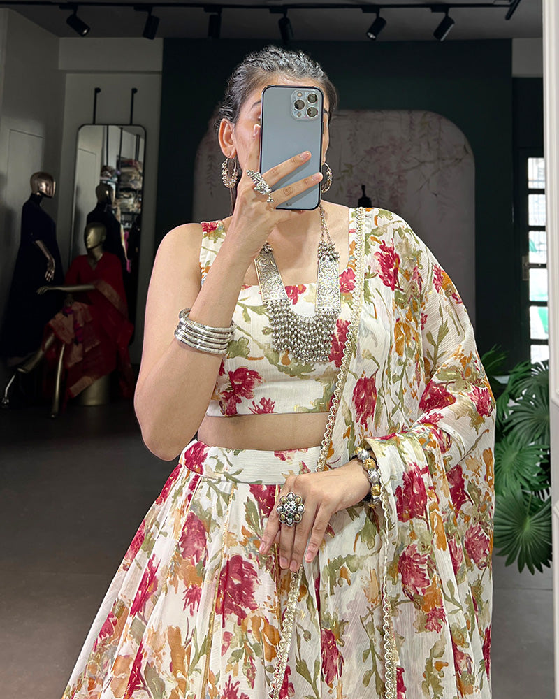 White Chiffon Floral Printed Lehenga Choli with Dupatta