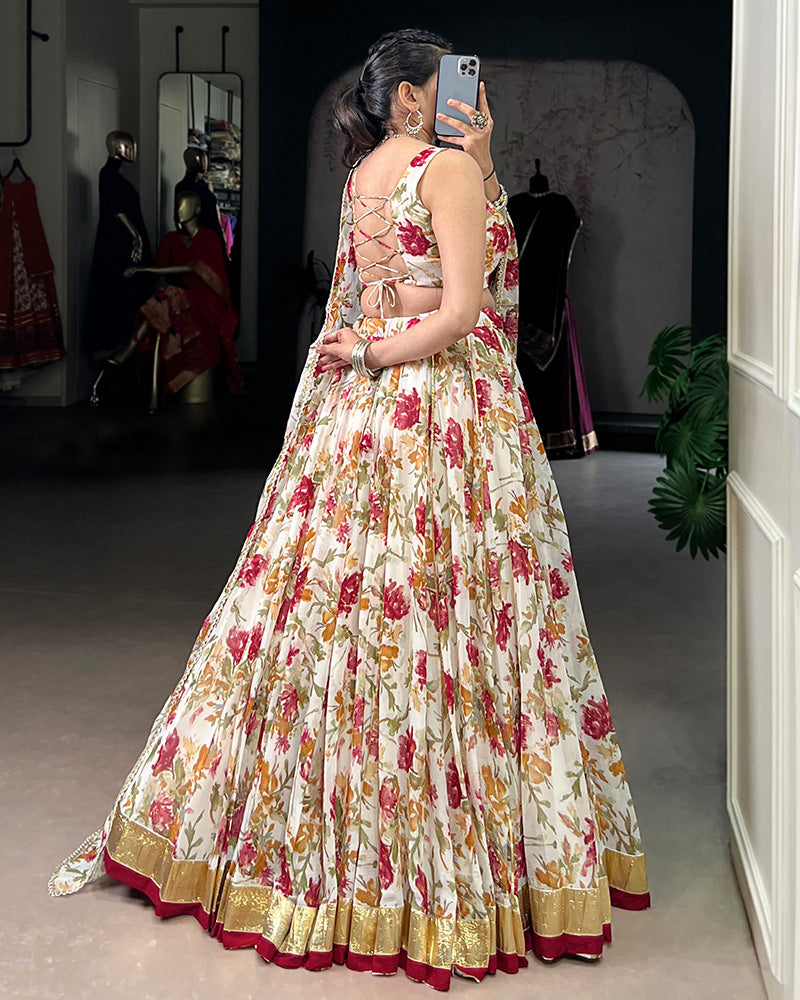 White Chiffon Floral Printed Lehenga Choli with Dupatta