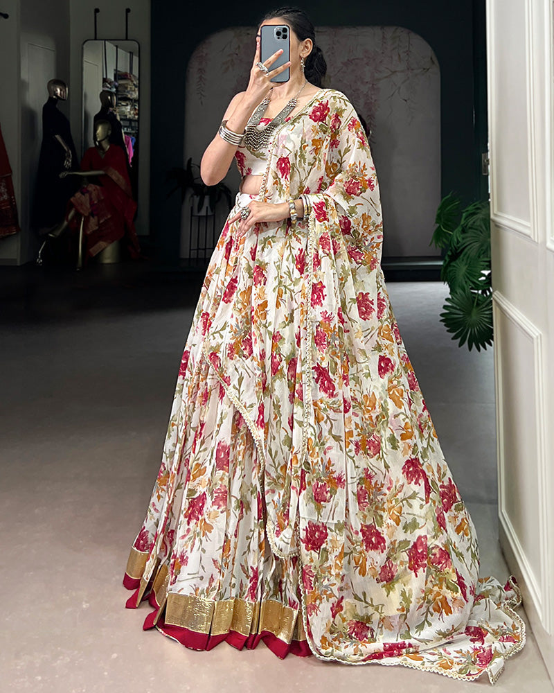 White Chiffon Floral Printed Lehenga Choli with Dupatta