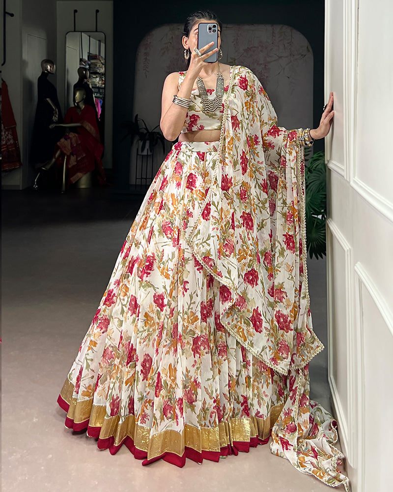 White Chiffon Floral Printed Lehenga Choli with Dupatta