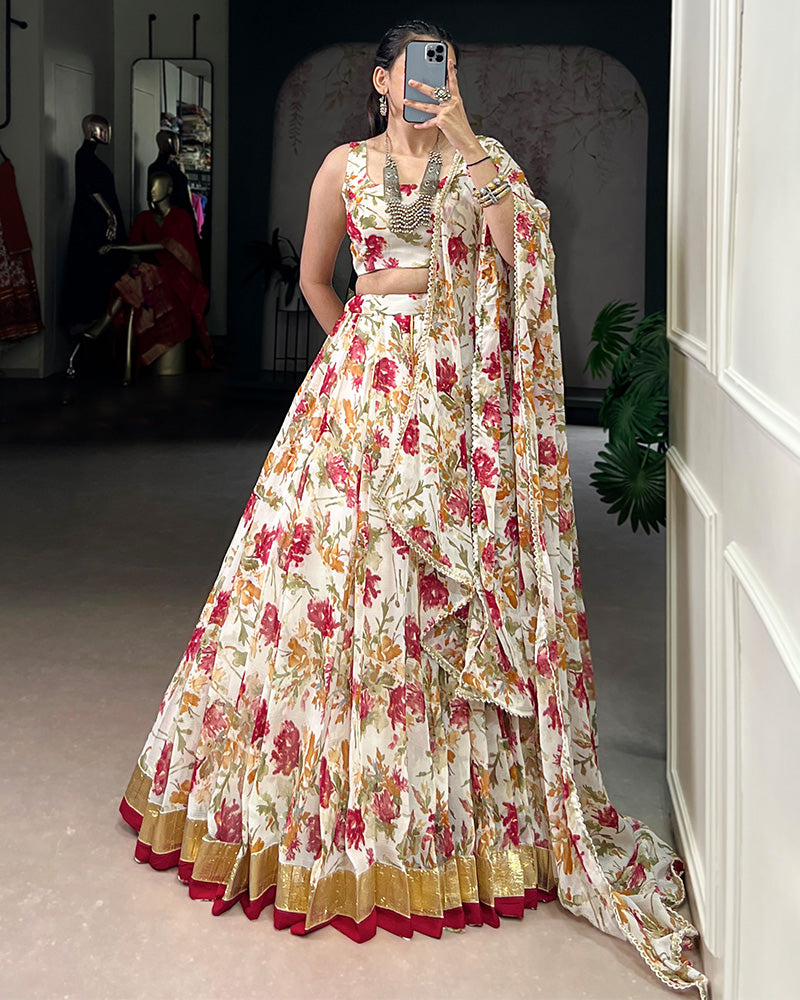 White Chiffon Floral Printed Lehenga Choli with Dupatta