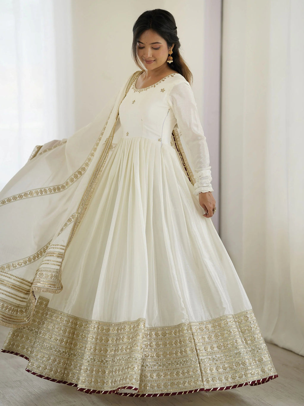 White Chinon Silk Embroidered Anarkali Suit With Dupatta