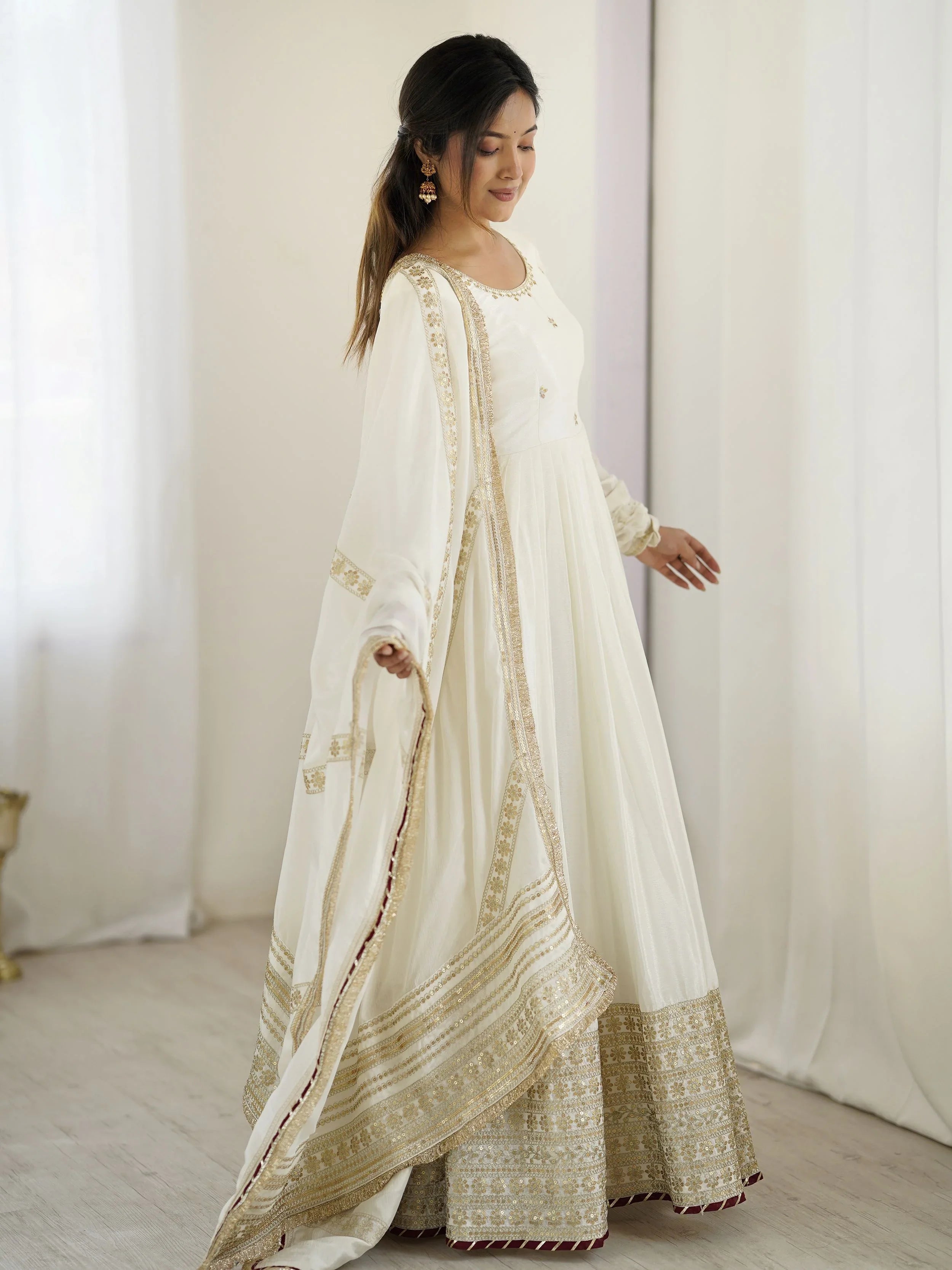 The52 Women's Gorgeous Chinon Silk Fabric Embroidery Work Flared Anarkali Pant and Dupatta Set - XXL The52 Women's Gorgeous Chinon Silk Fabric Embroidery Work Flared Anarkali Pant and Dupatta Set - XXL