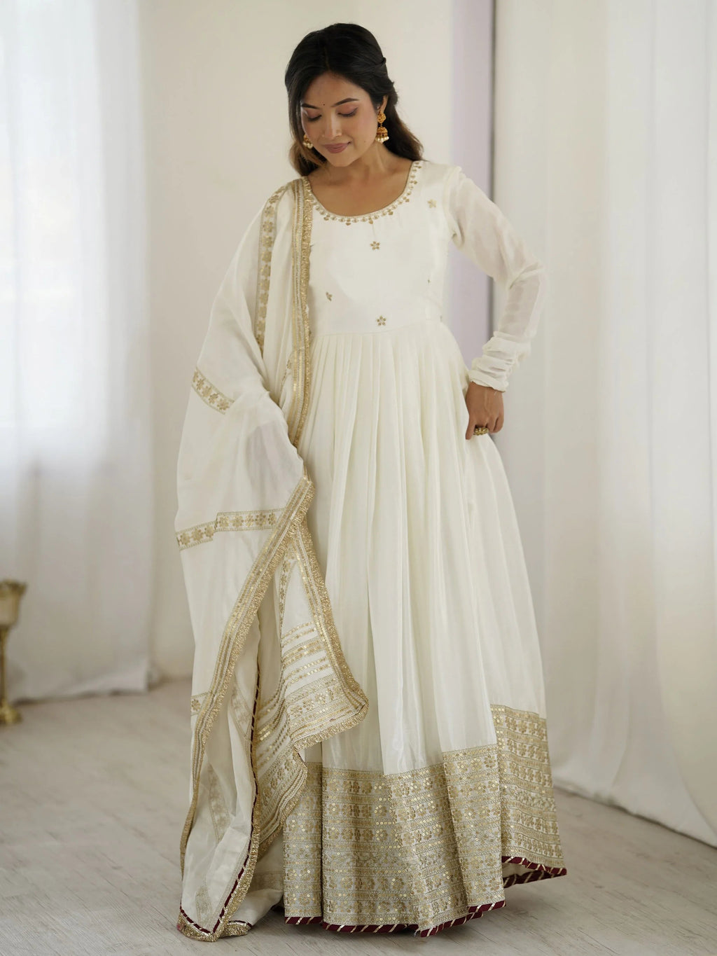 White Chinon Silk Embroidered Anarkali Suit With Dupatta